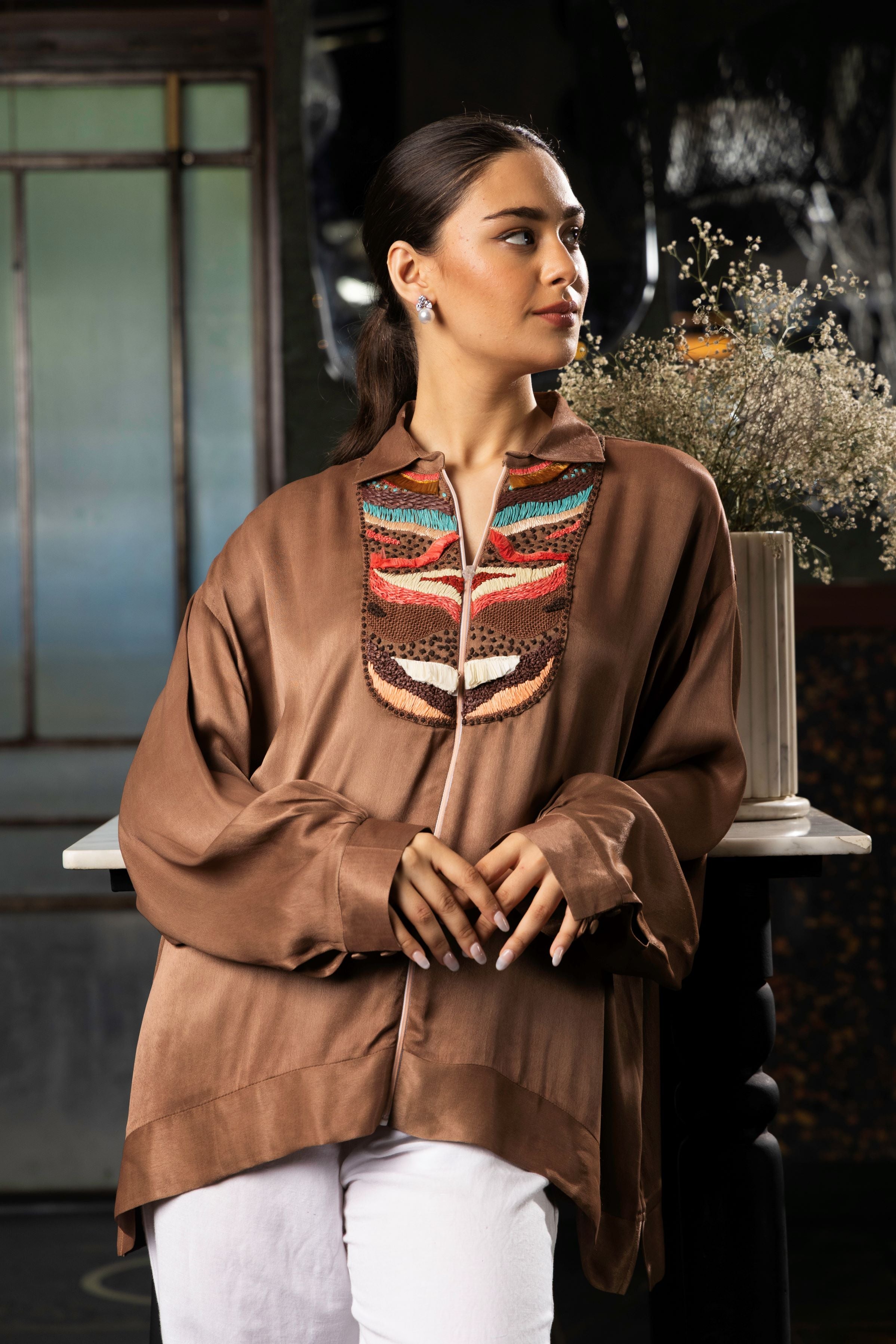 Mocha Brown Satin Silk Embroidered Shirt