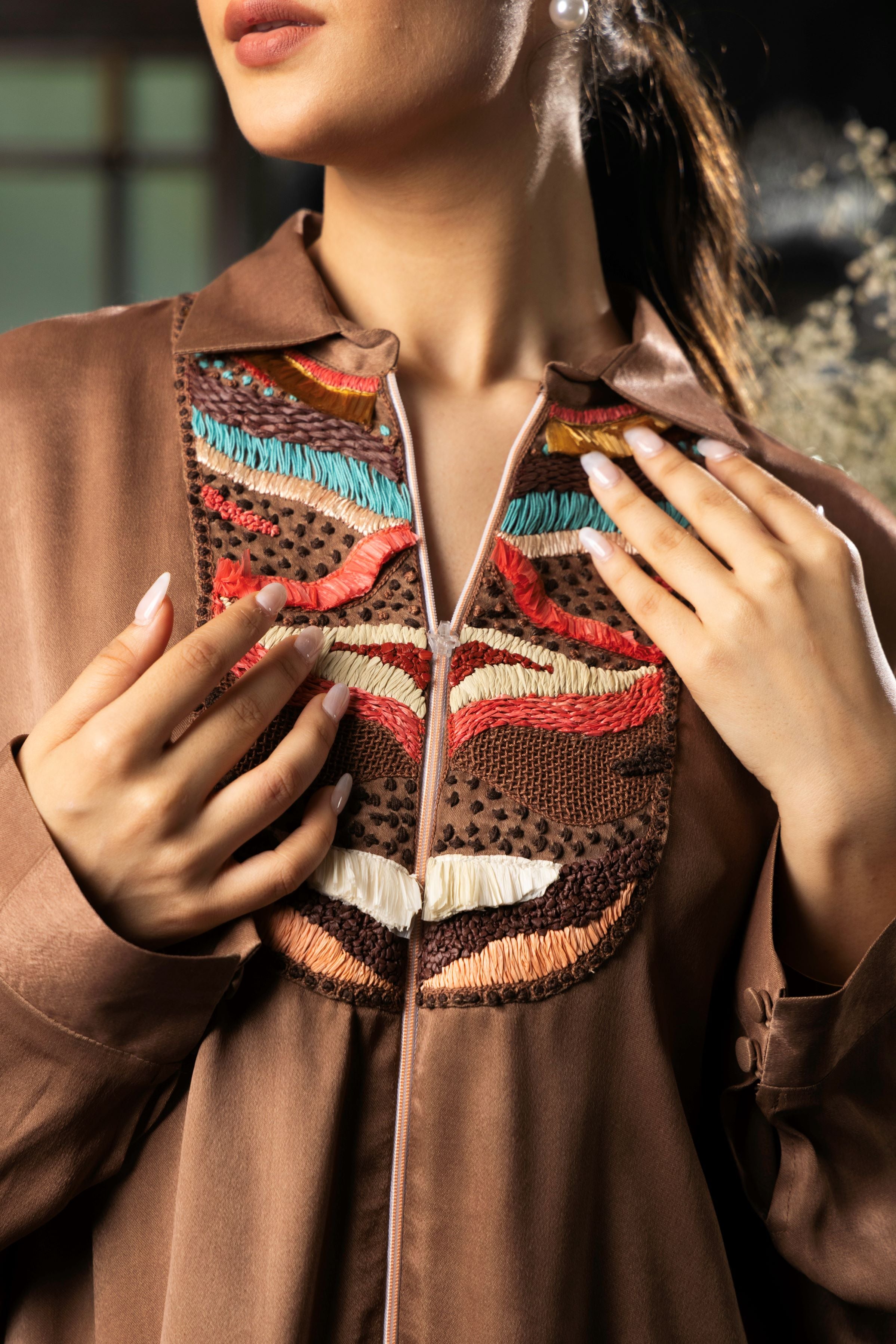 Mocha Brown Satin Silk Embroidered Shirt