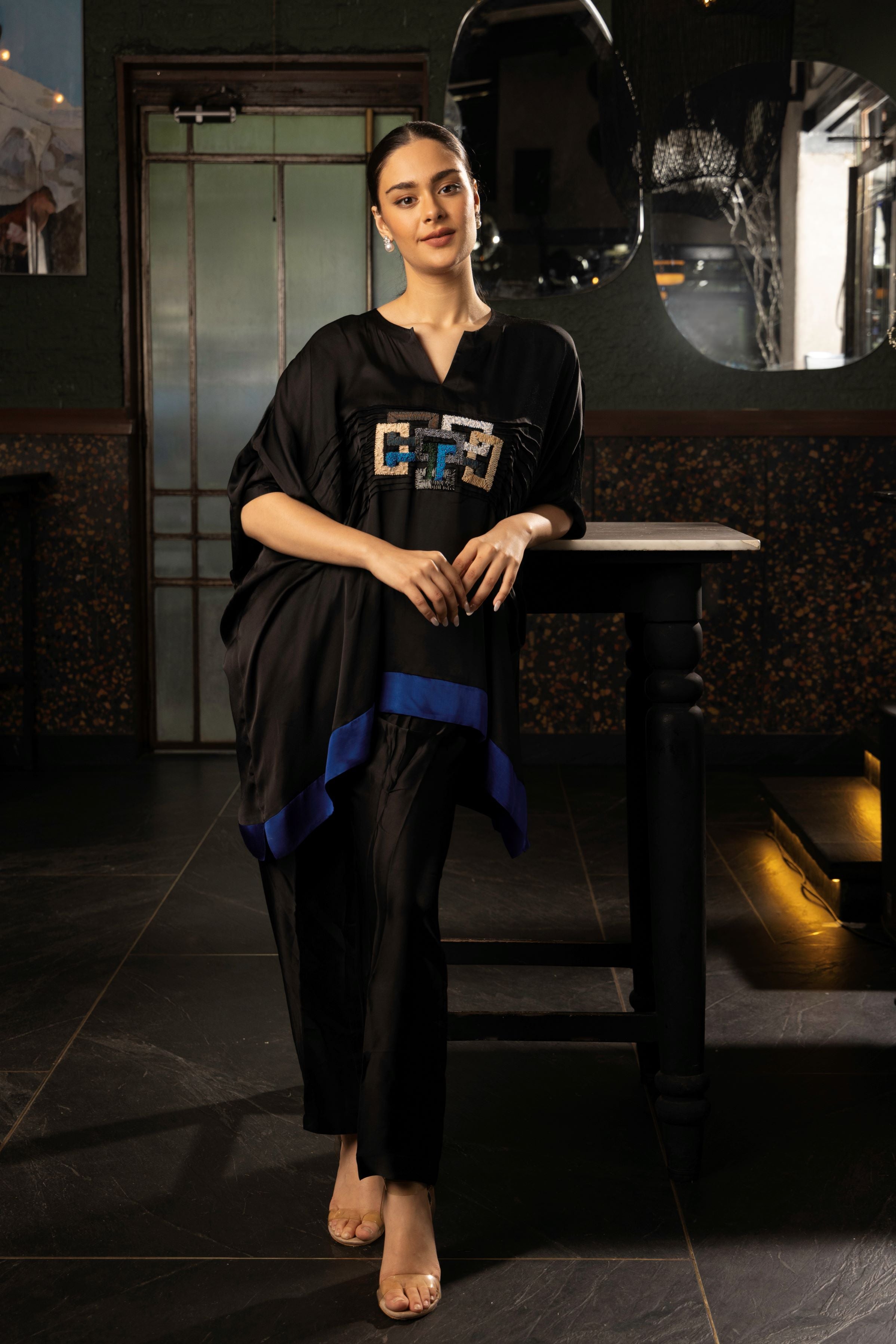 Classic Black Embroidered Satin Silk Co-Ord Set