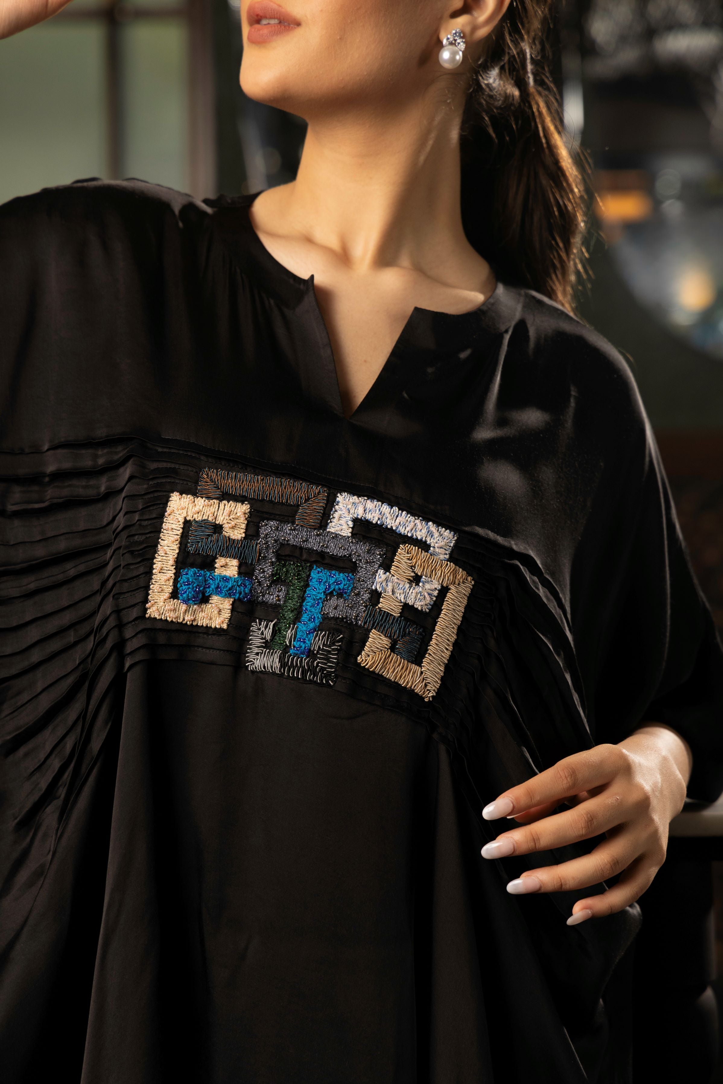 Classic Black Embroidered Satin Silk Co-Ord Set