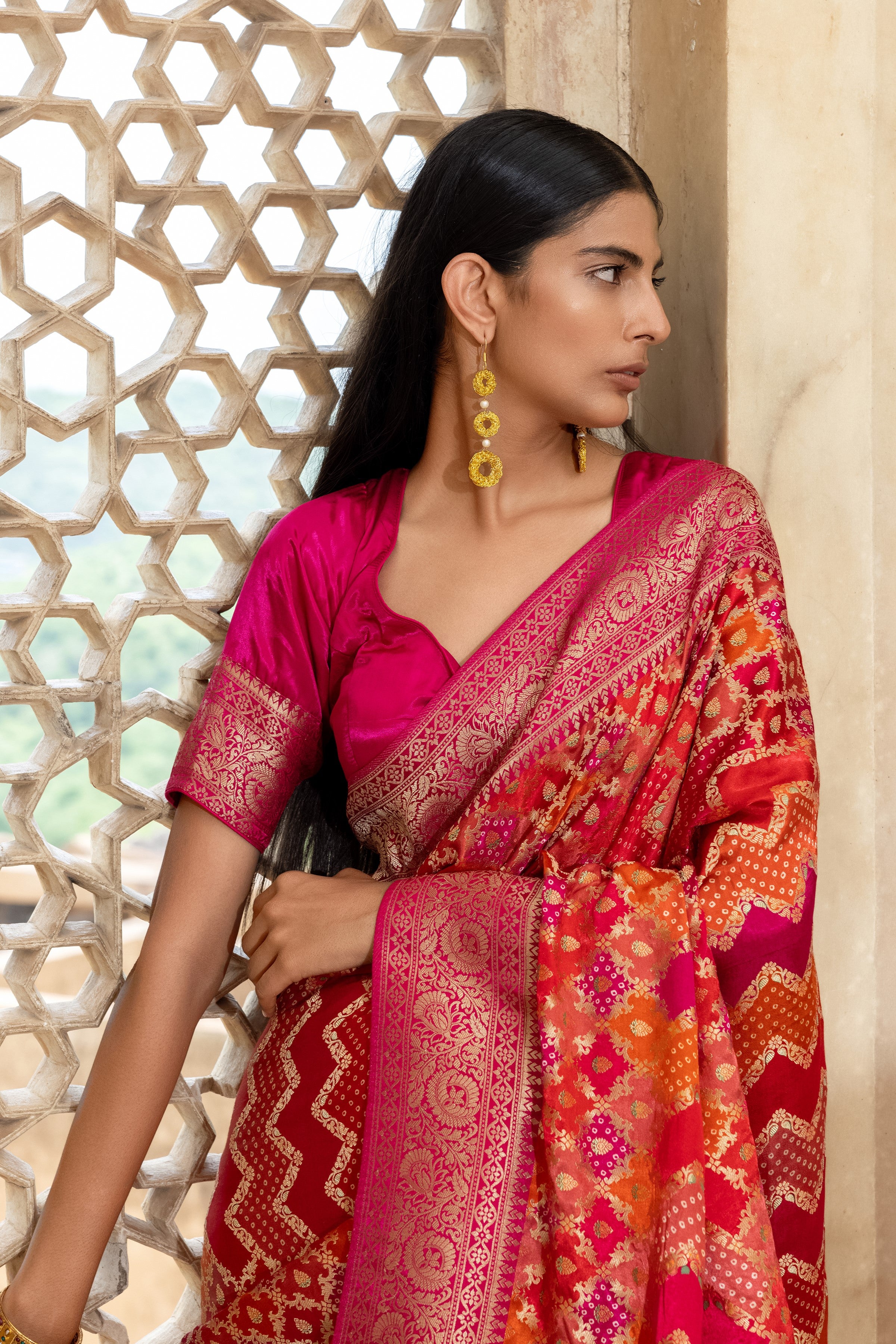 Ruby Pink Woven Gajji Silk Saree