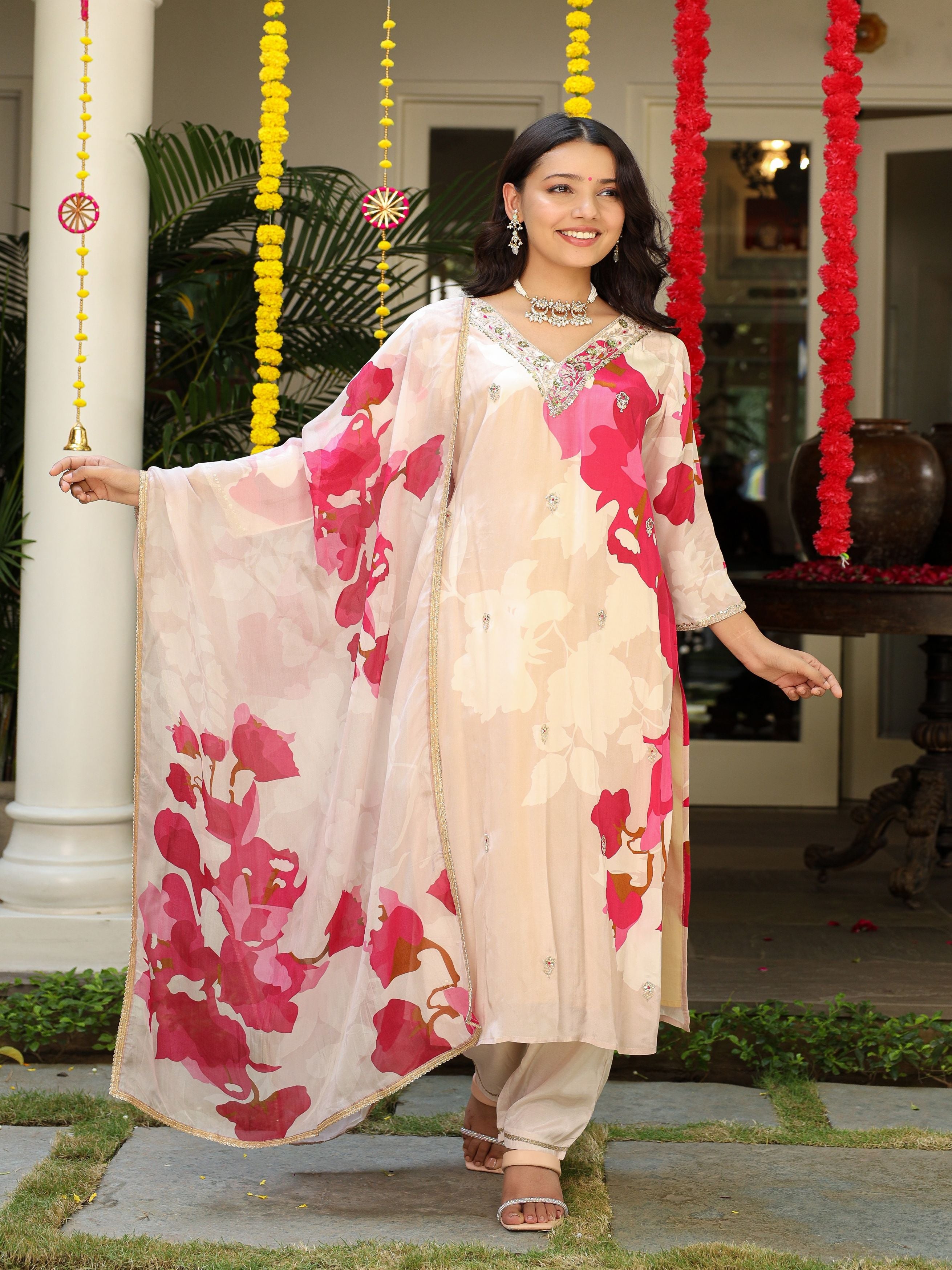 Bright Pink Embellished Muslin Silk Kurta Pant Set