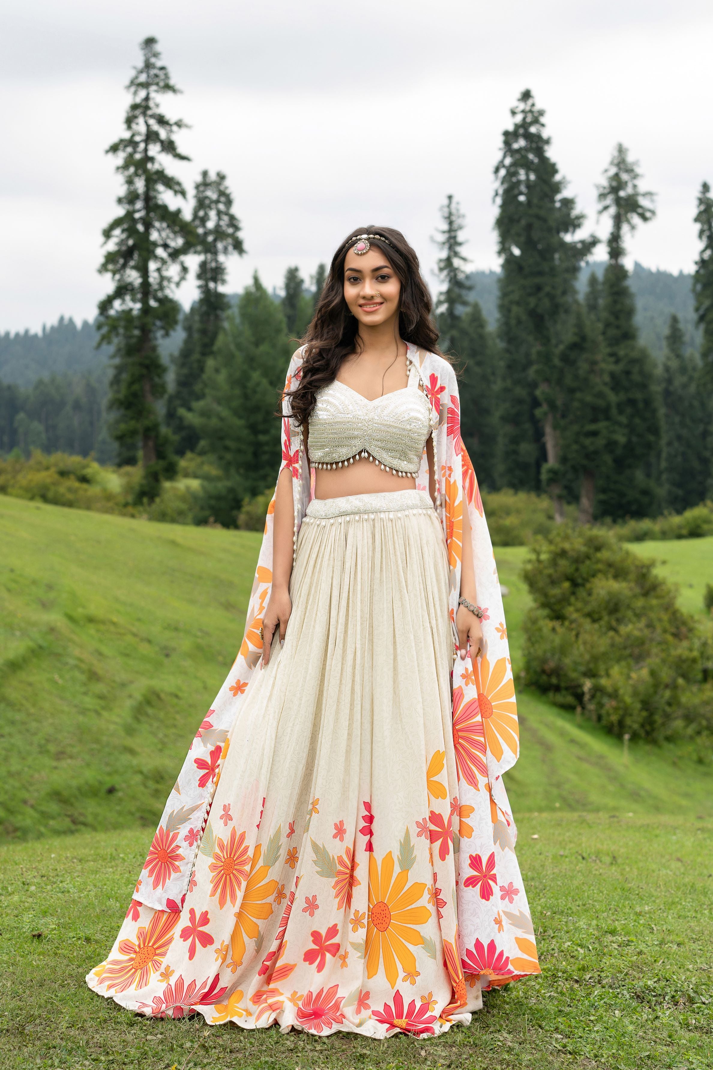 Pastel Cream Floral Printed Lehenga Set