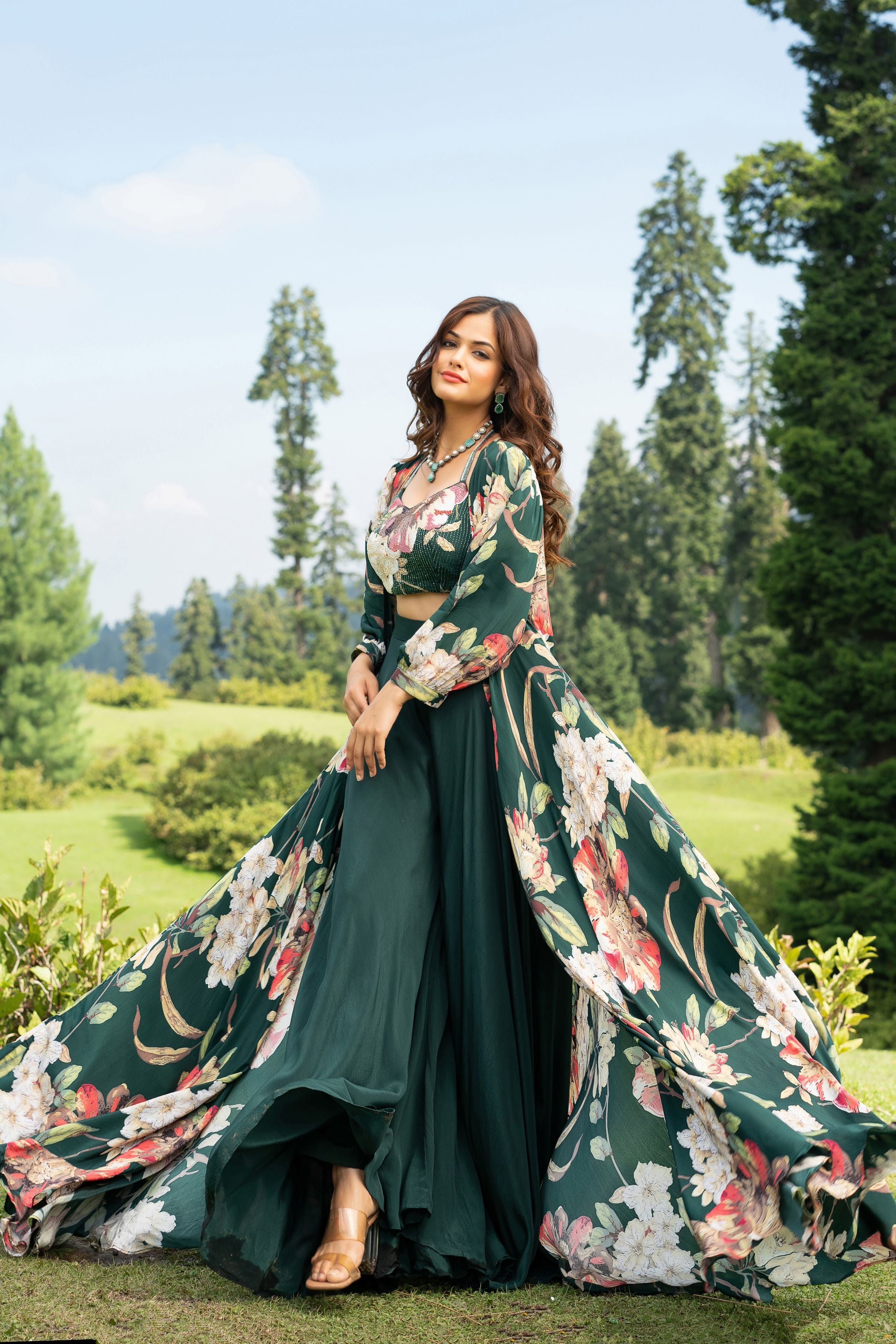 Bottle Green Floral Printed Cape Set