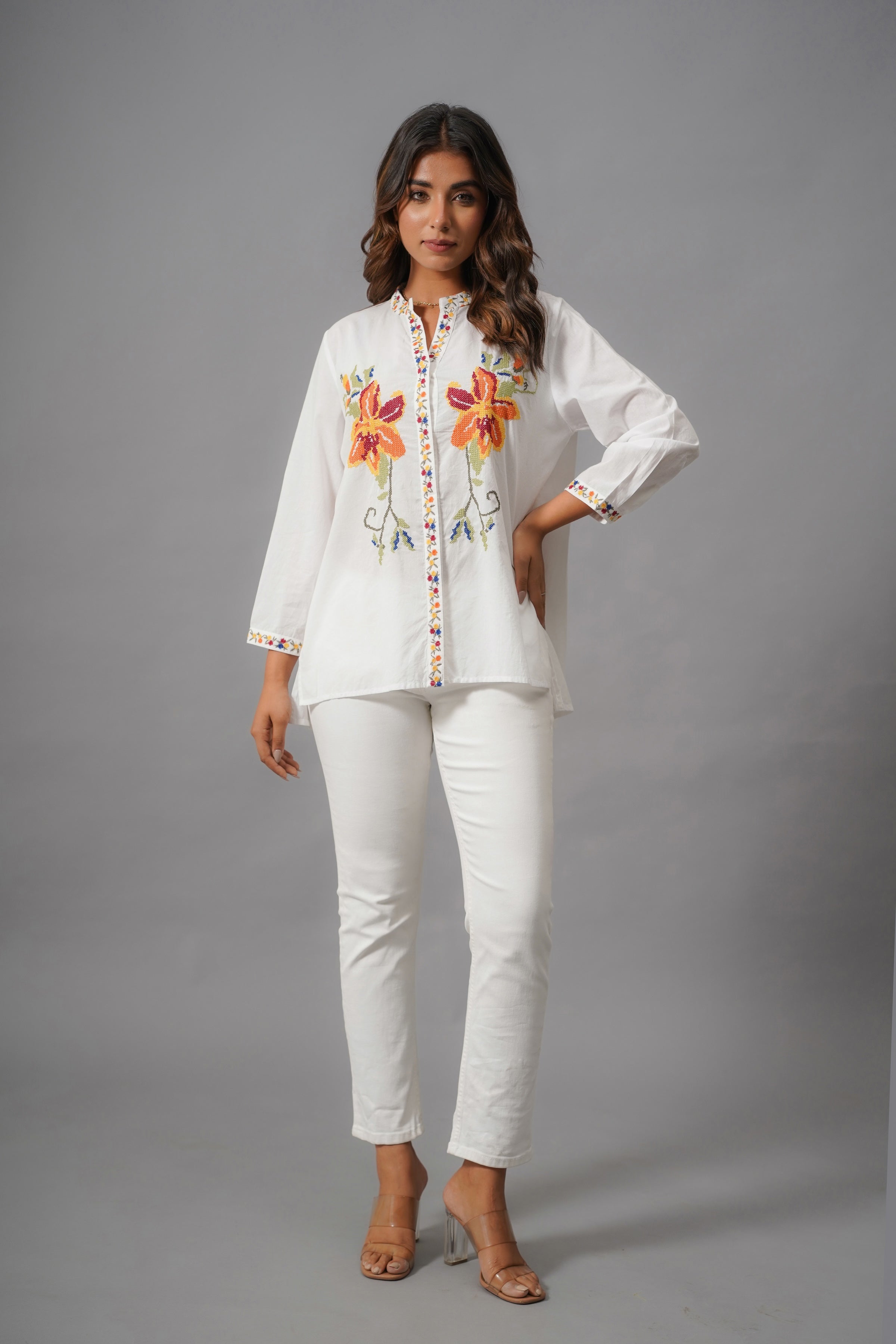 White Floral Embroidered Cotton Silk Shirt