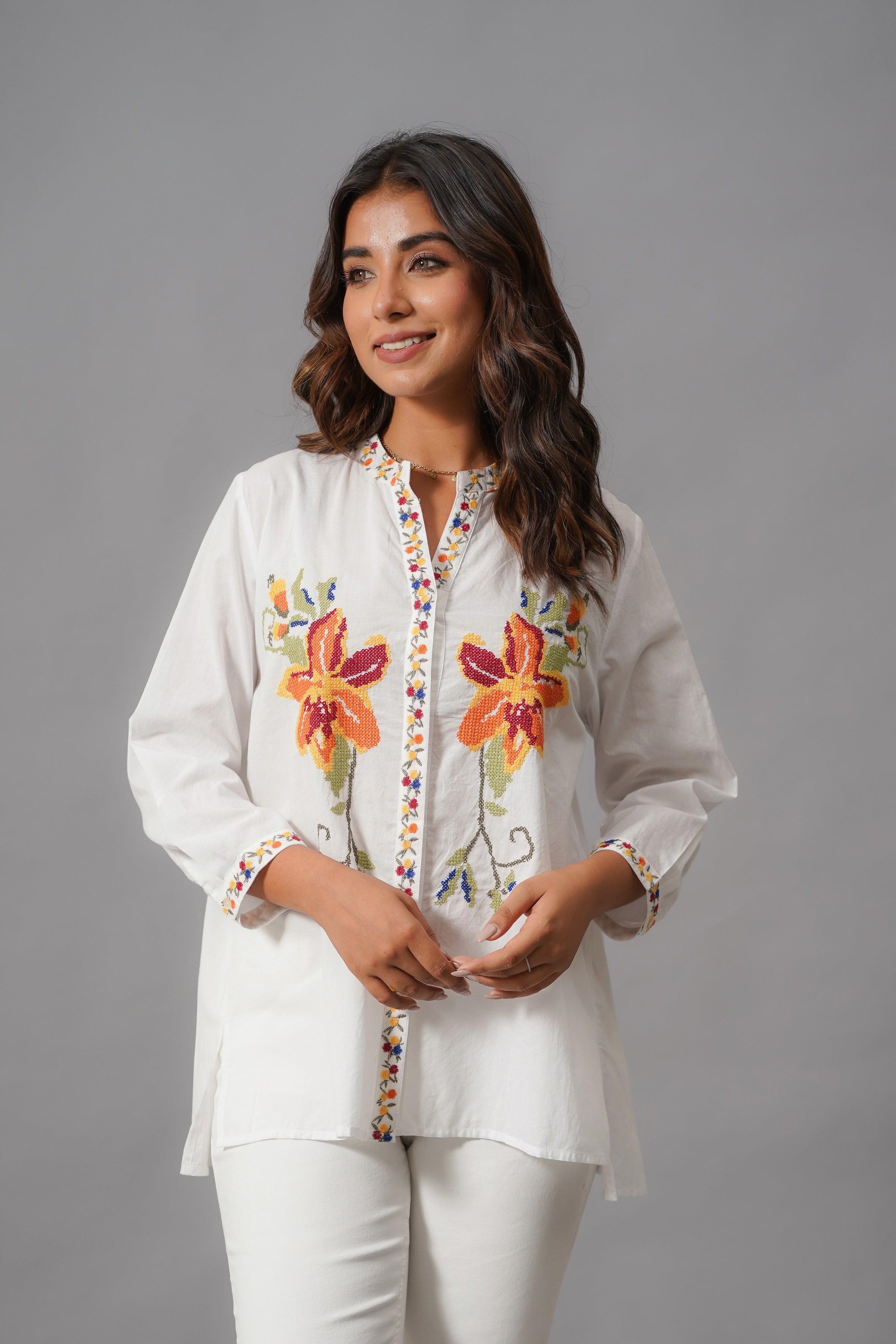 White Floral Embroidered Cotton Silk Shirt