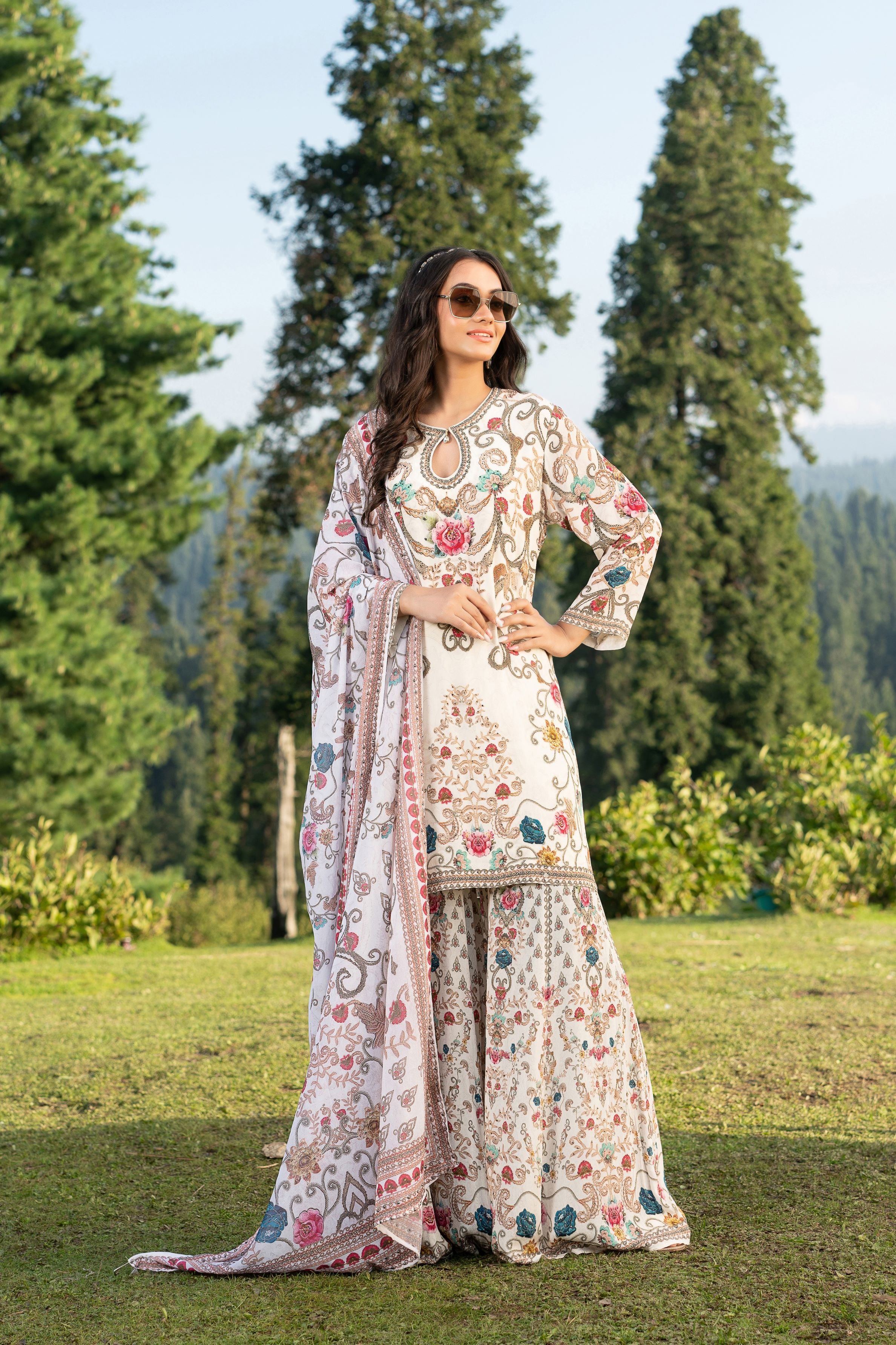 Off White Floral Printed Crepe Silk Sharara Set