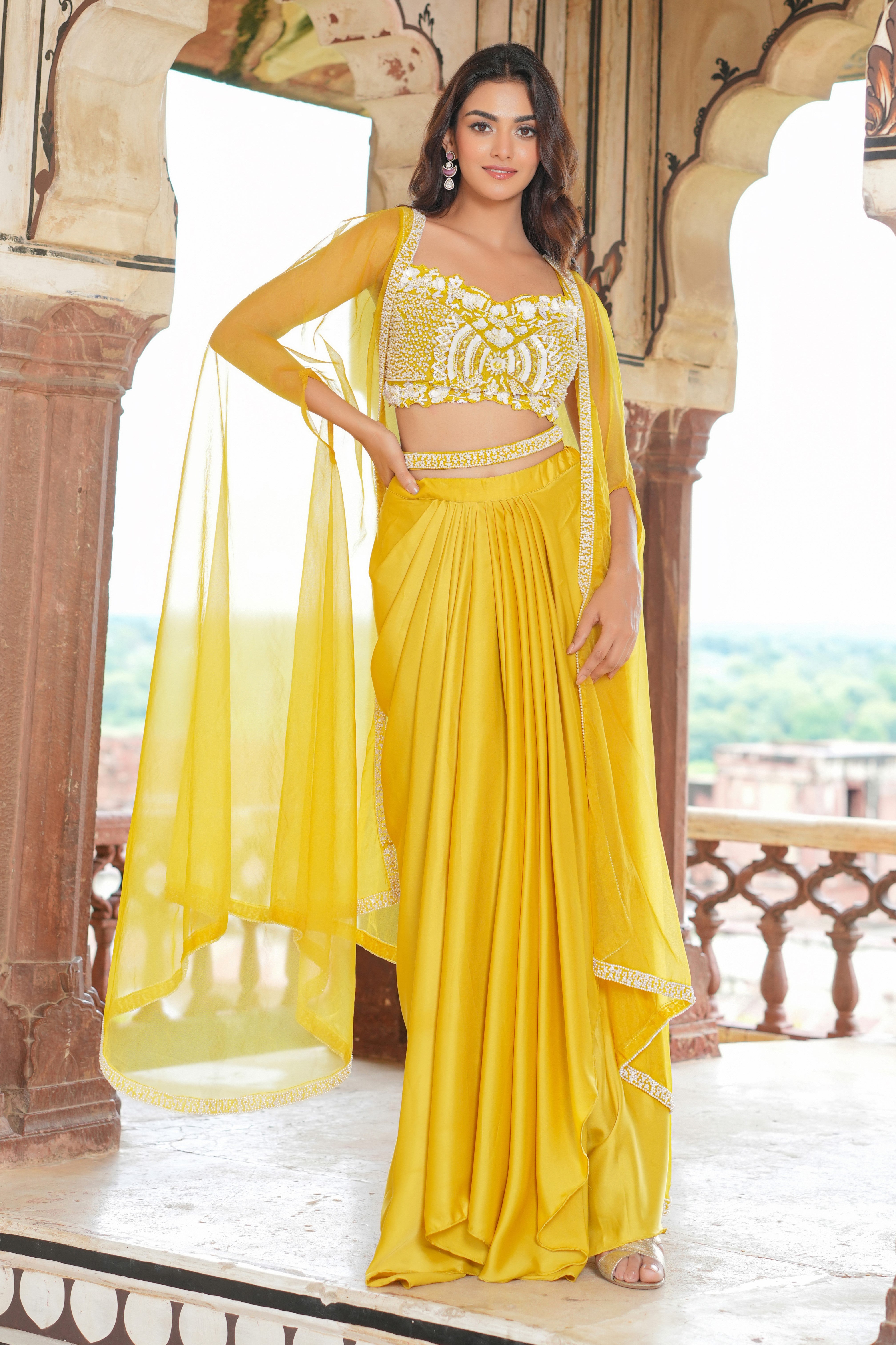 Yellow Embellished Cape Set