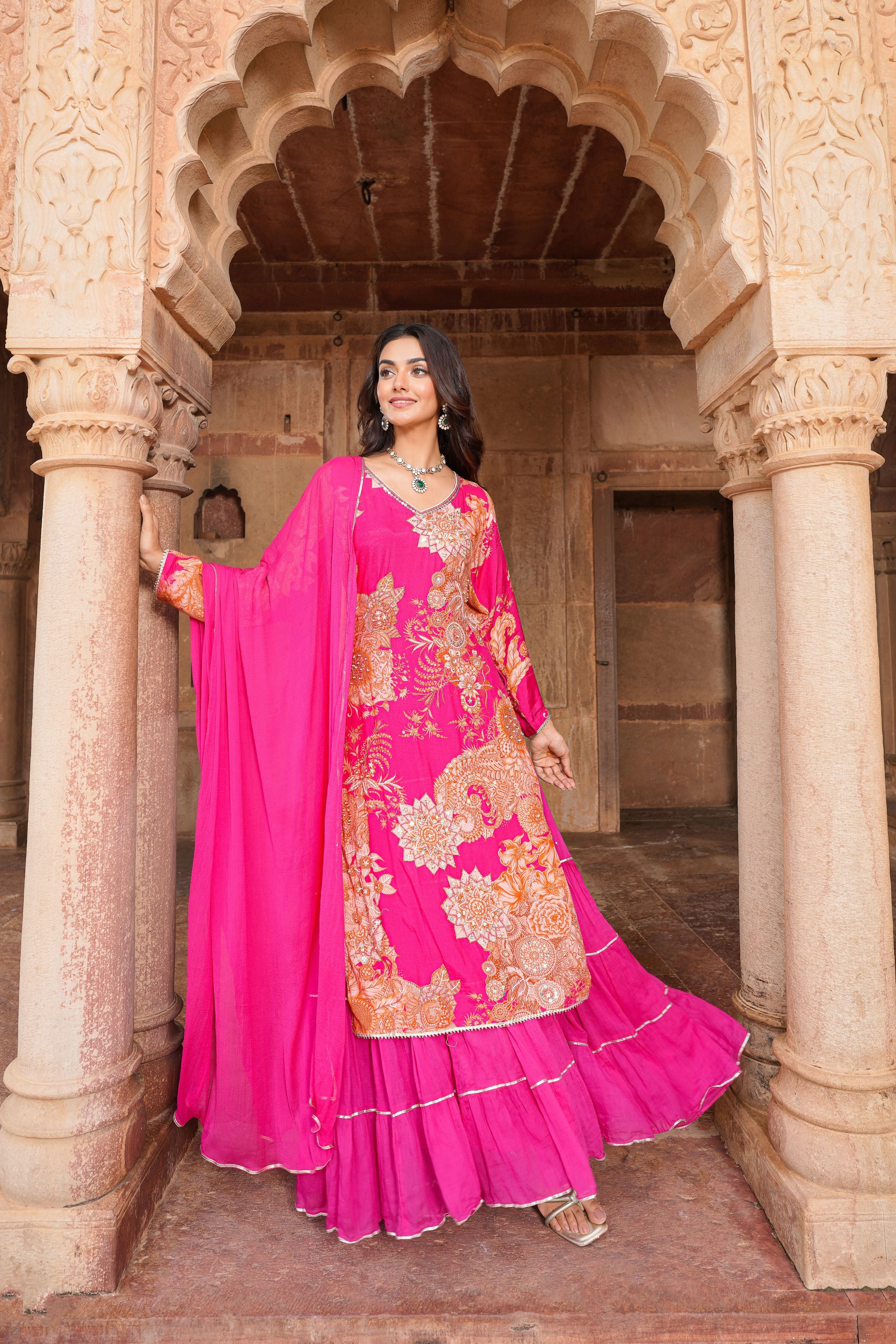 Pink Floral Printed Spanish Silk Anarkali Set