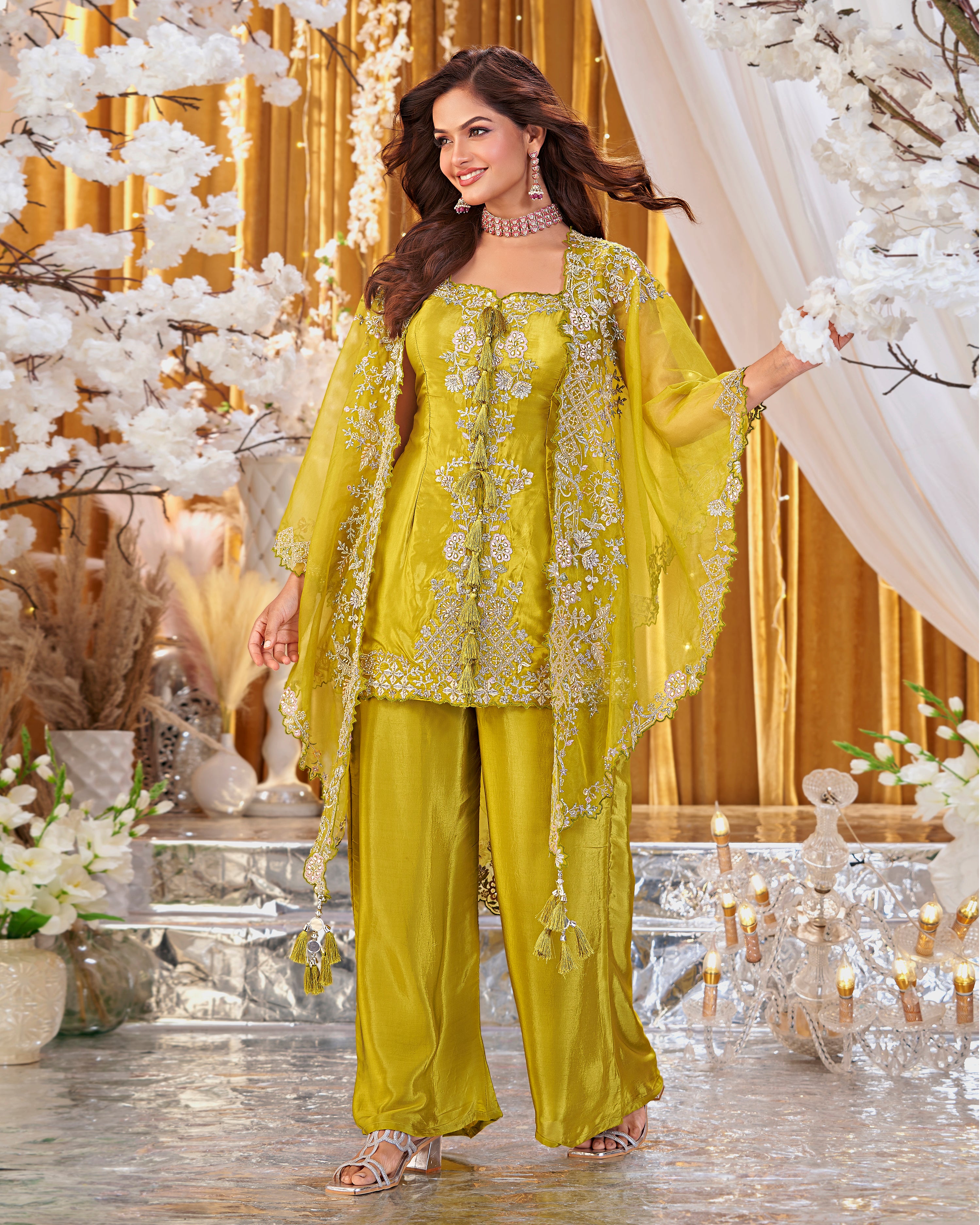 Pop Lime Embellished Crepe Silk Palazzo Cape Set