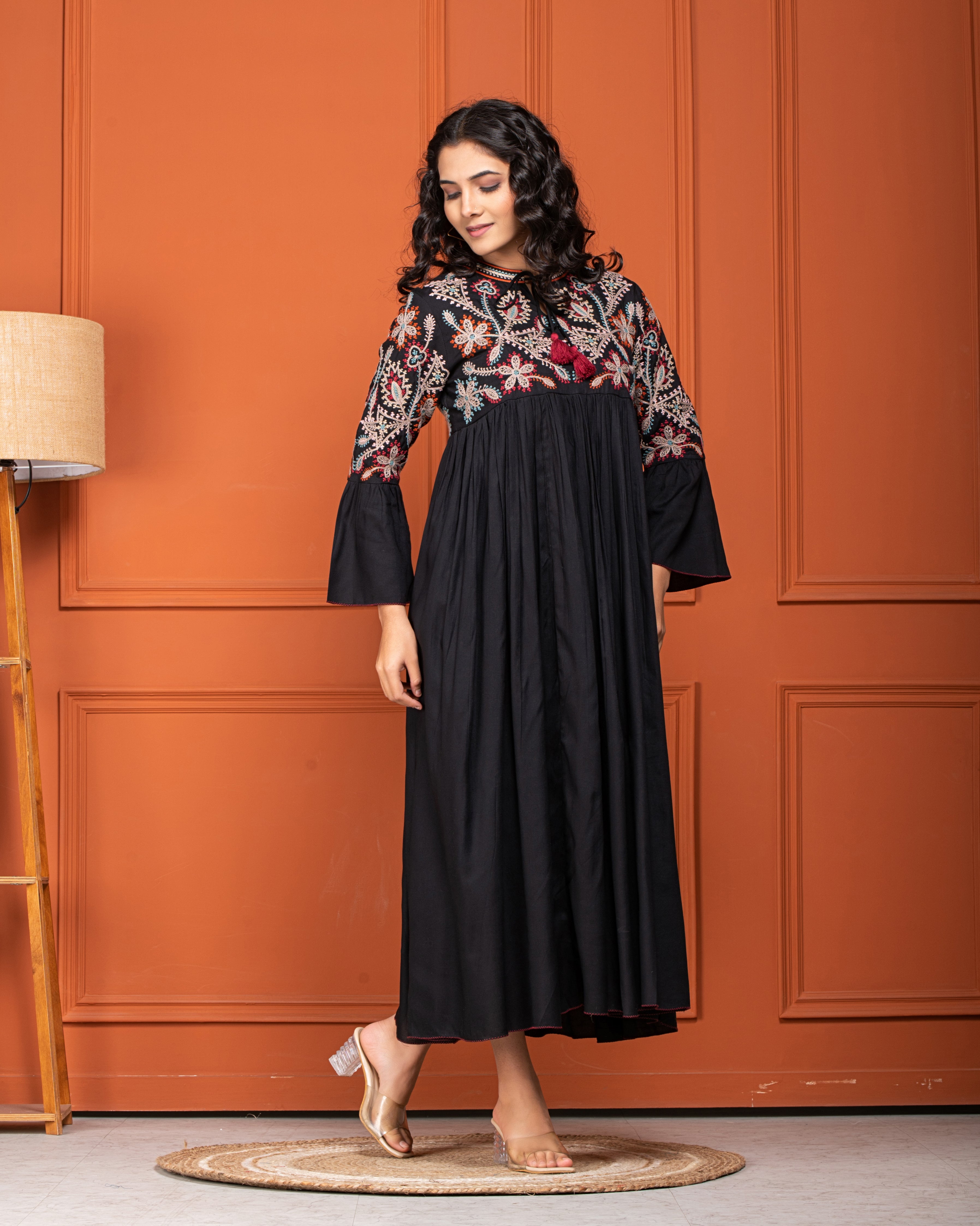 Black Floral Embroidered Cotton Linen Dress