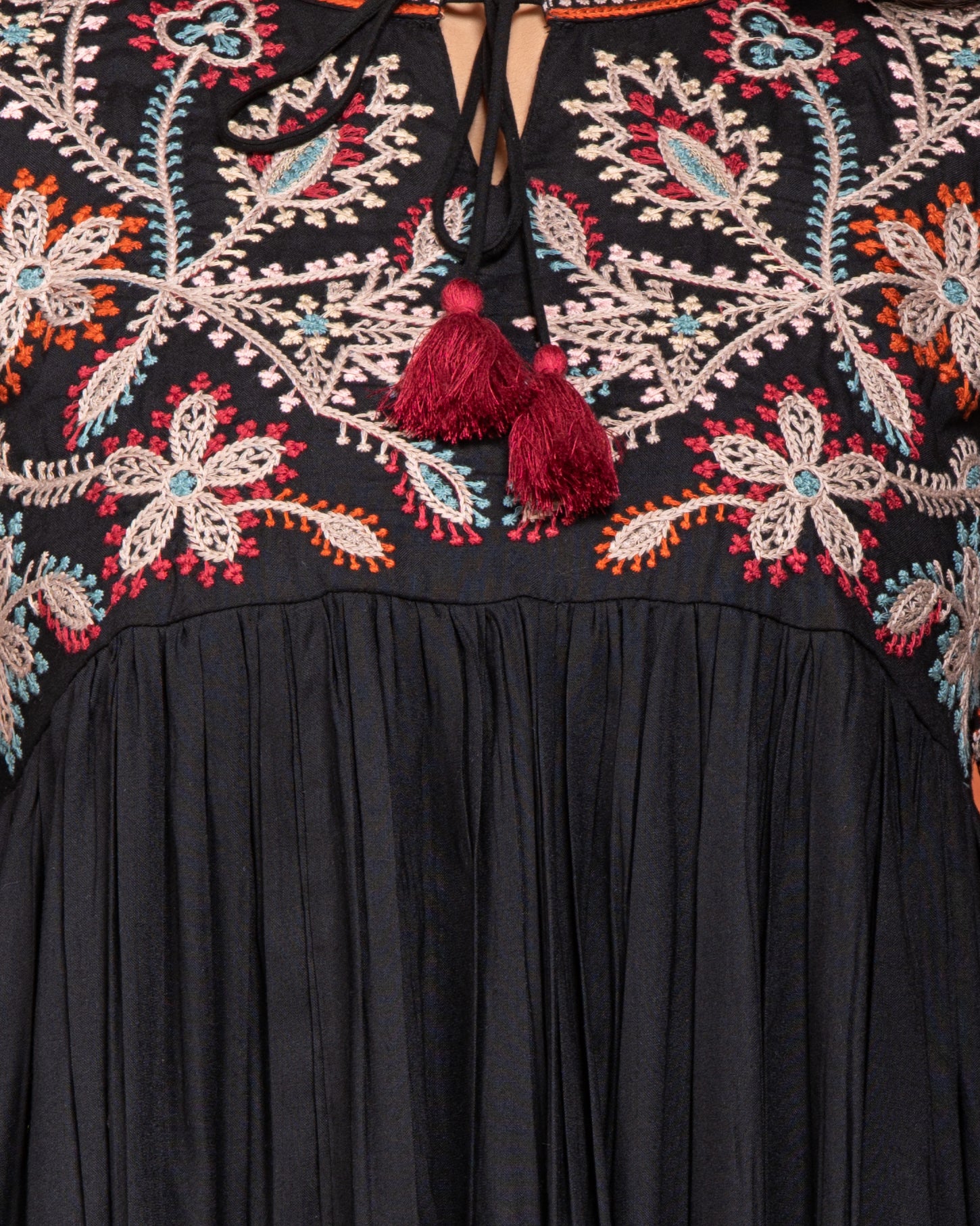 Black Floral Embroidered Cotton Linen Dress