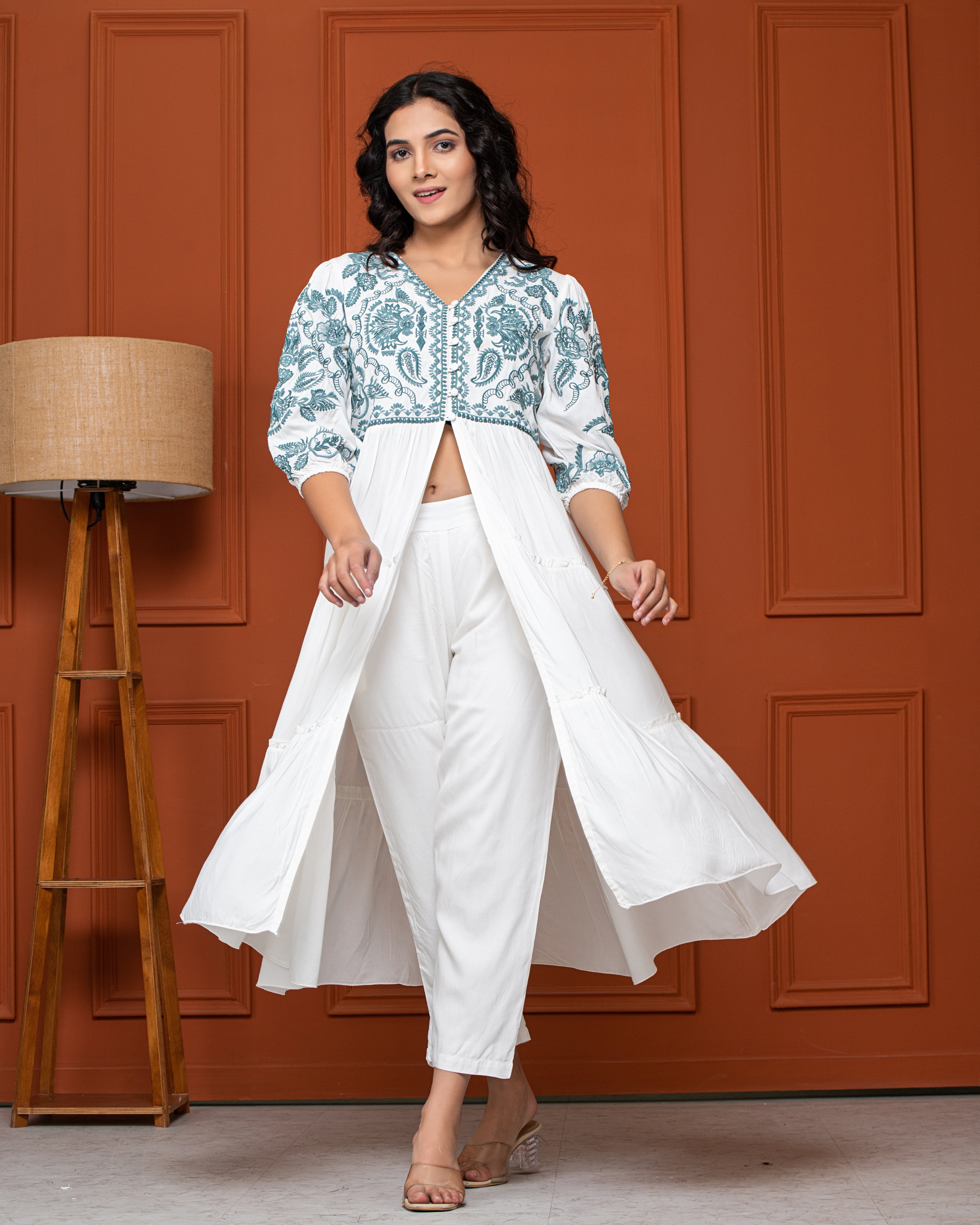 White Embroidered French Cotton Pants Set