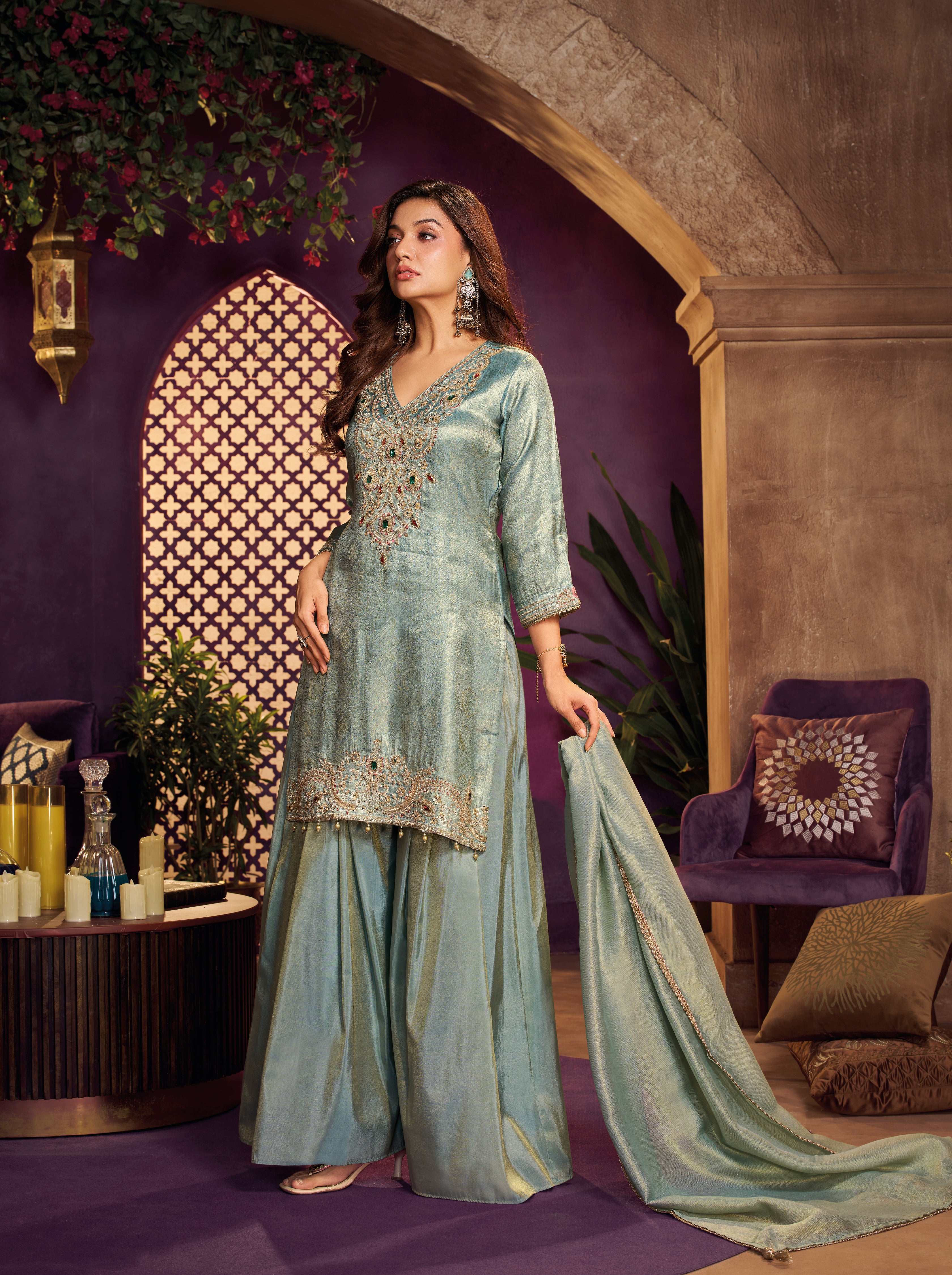 Blue Champagne Embellished Jacquard Silk Palazzo Set