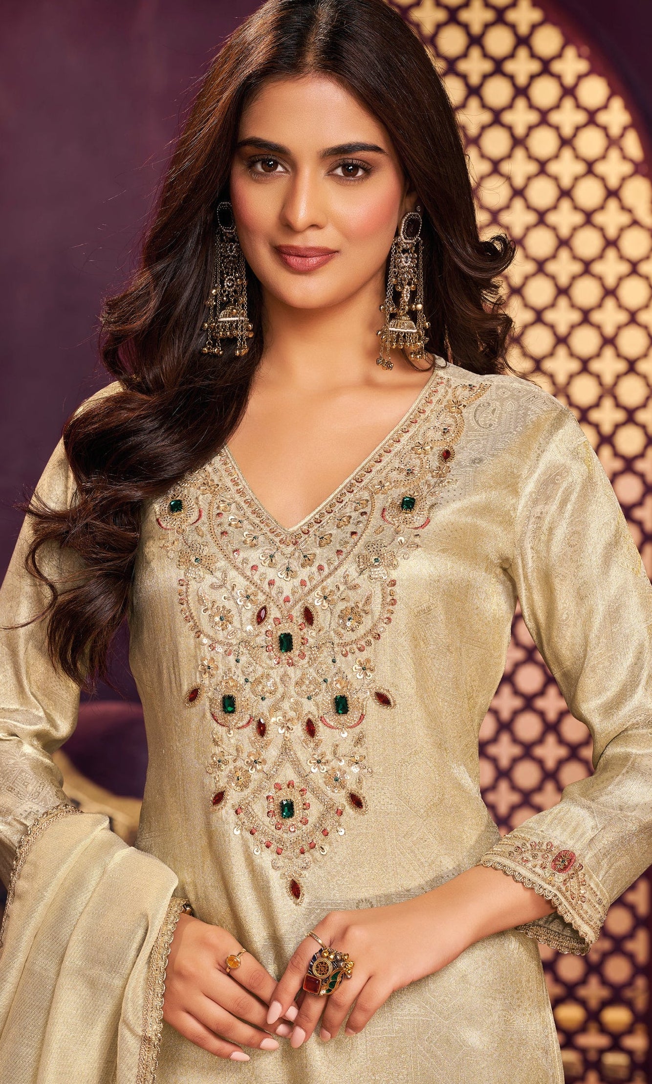 Ivory Champagne Embellished Jacquard Silk Palazzo Set