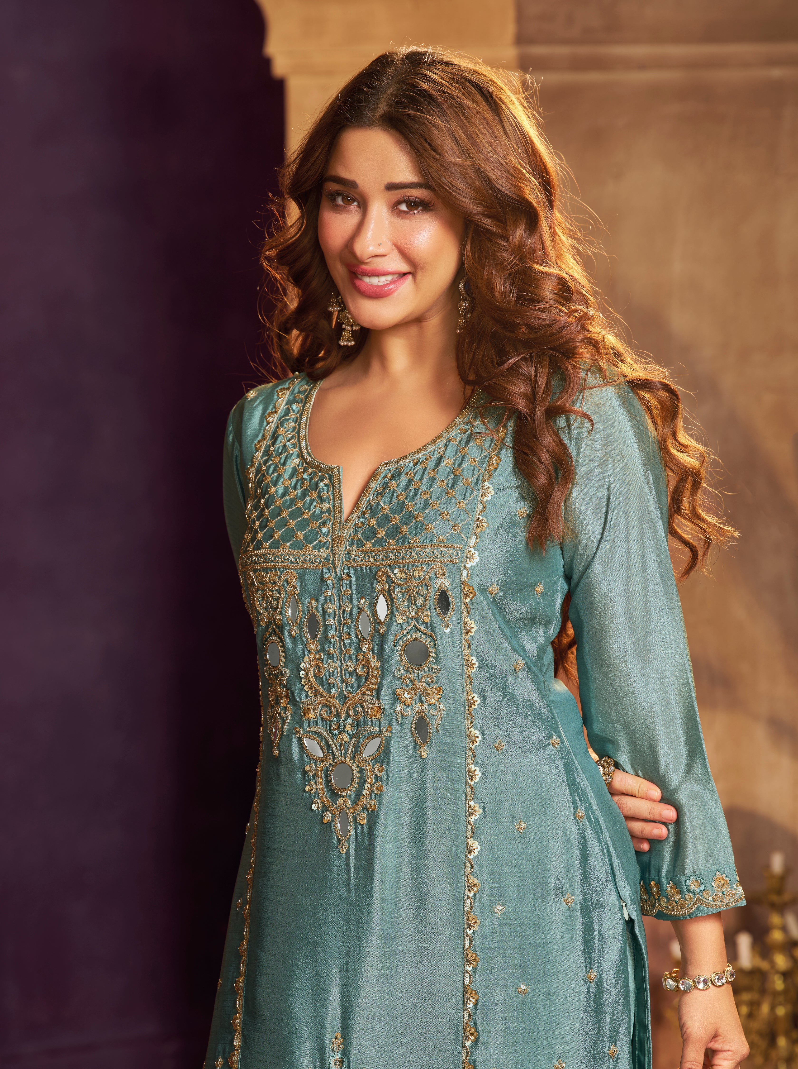 Dusty Teal Embellished Chinon Silk Palazzo Set
