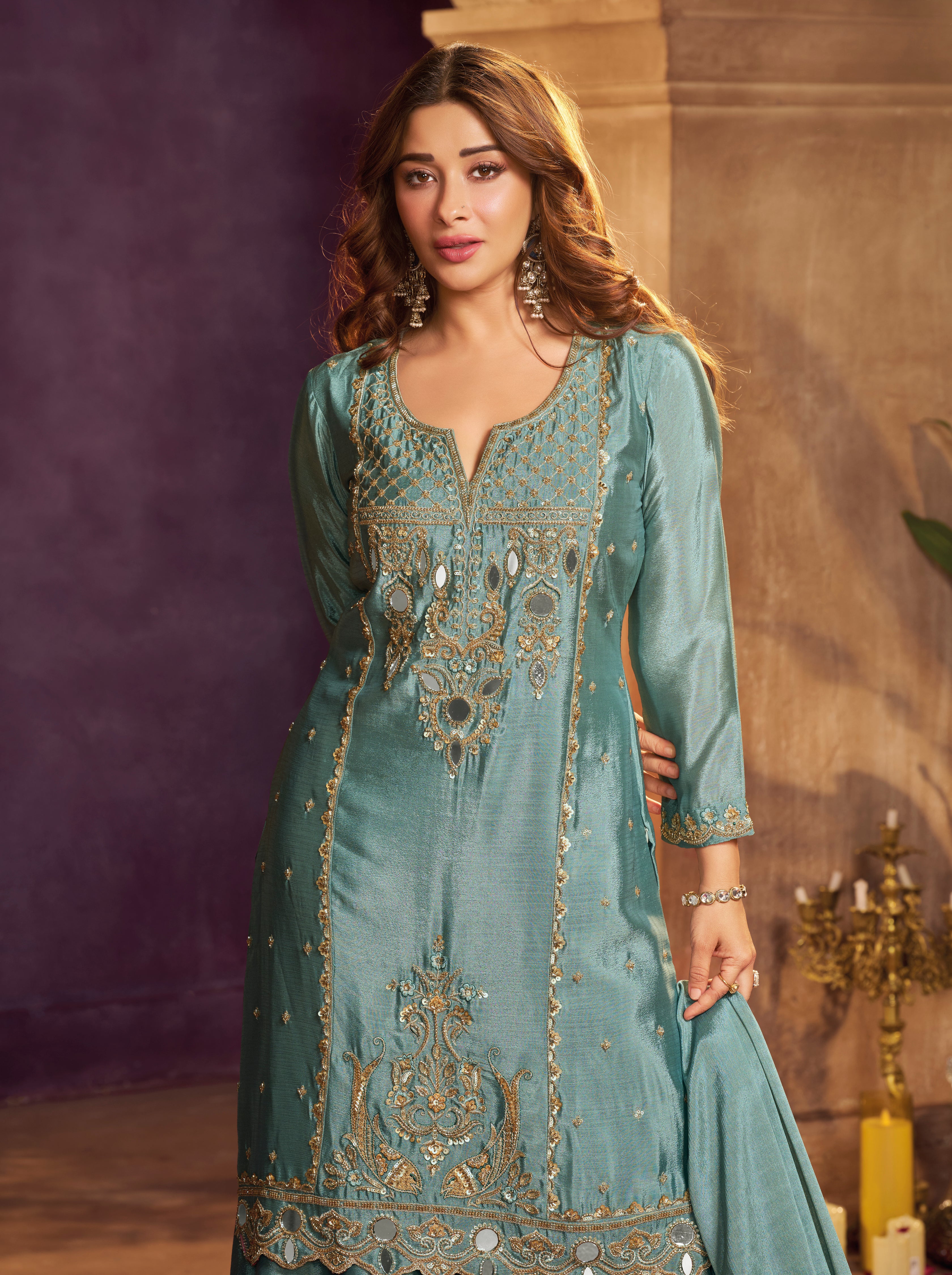 Dusty Teal Embellished Chinon Silk Palazzo Set