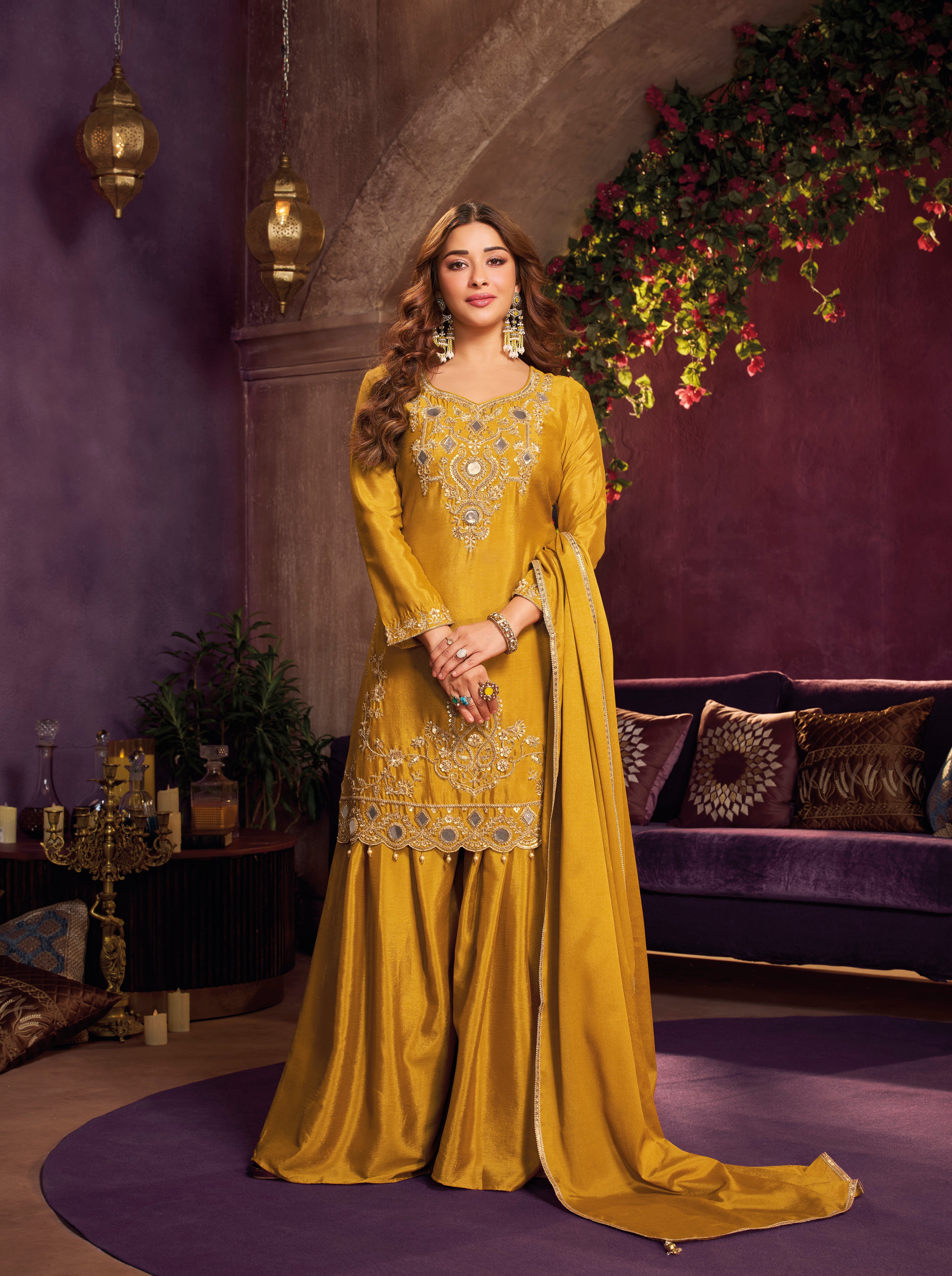 Mustard Yellow Embellished Chinon Silk Palazzo Set