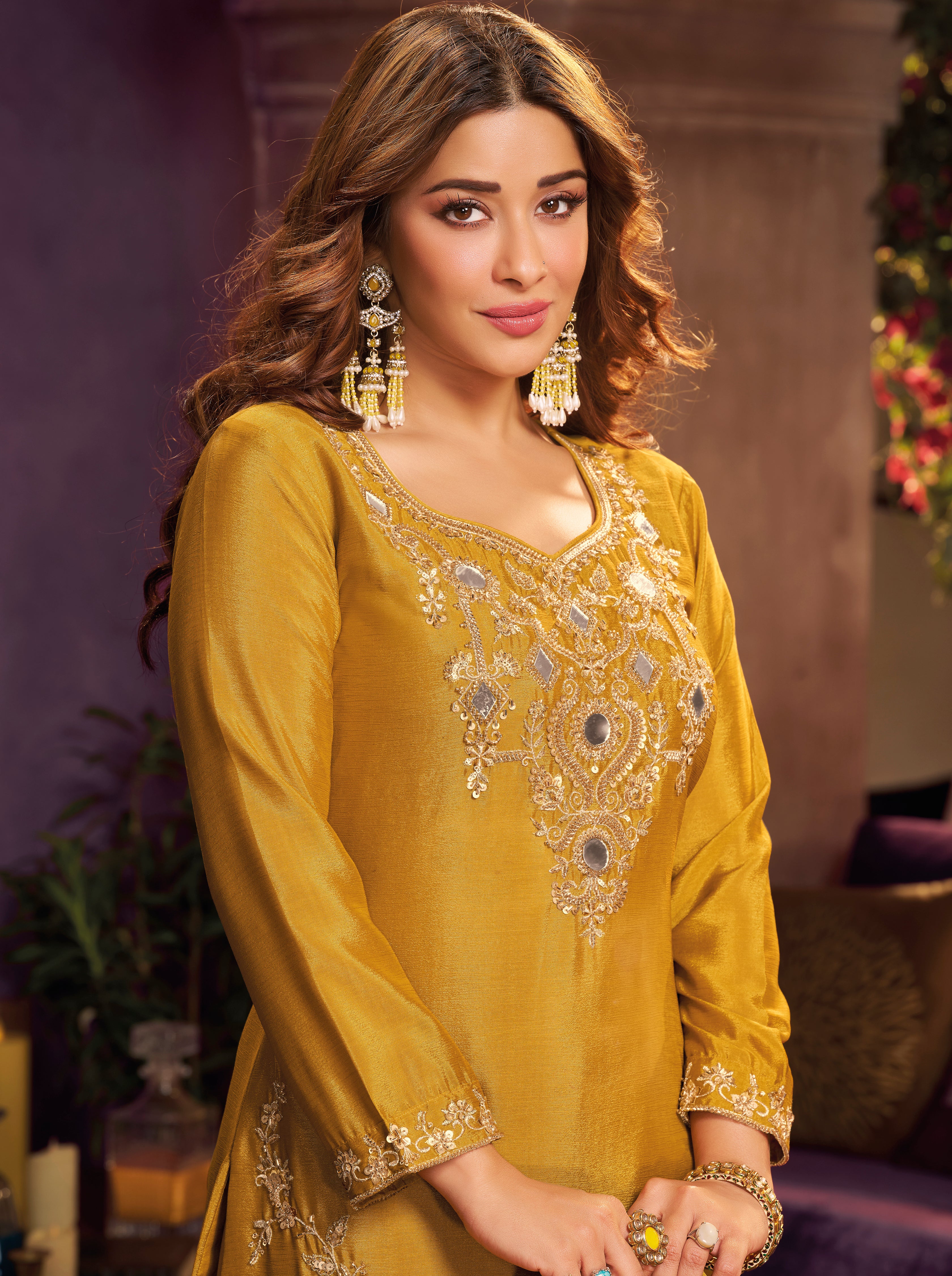 Mustard Yellow Embellished Chinon Silk Palazzo Set