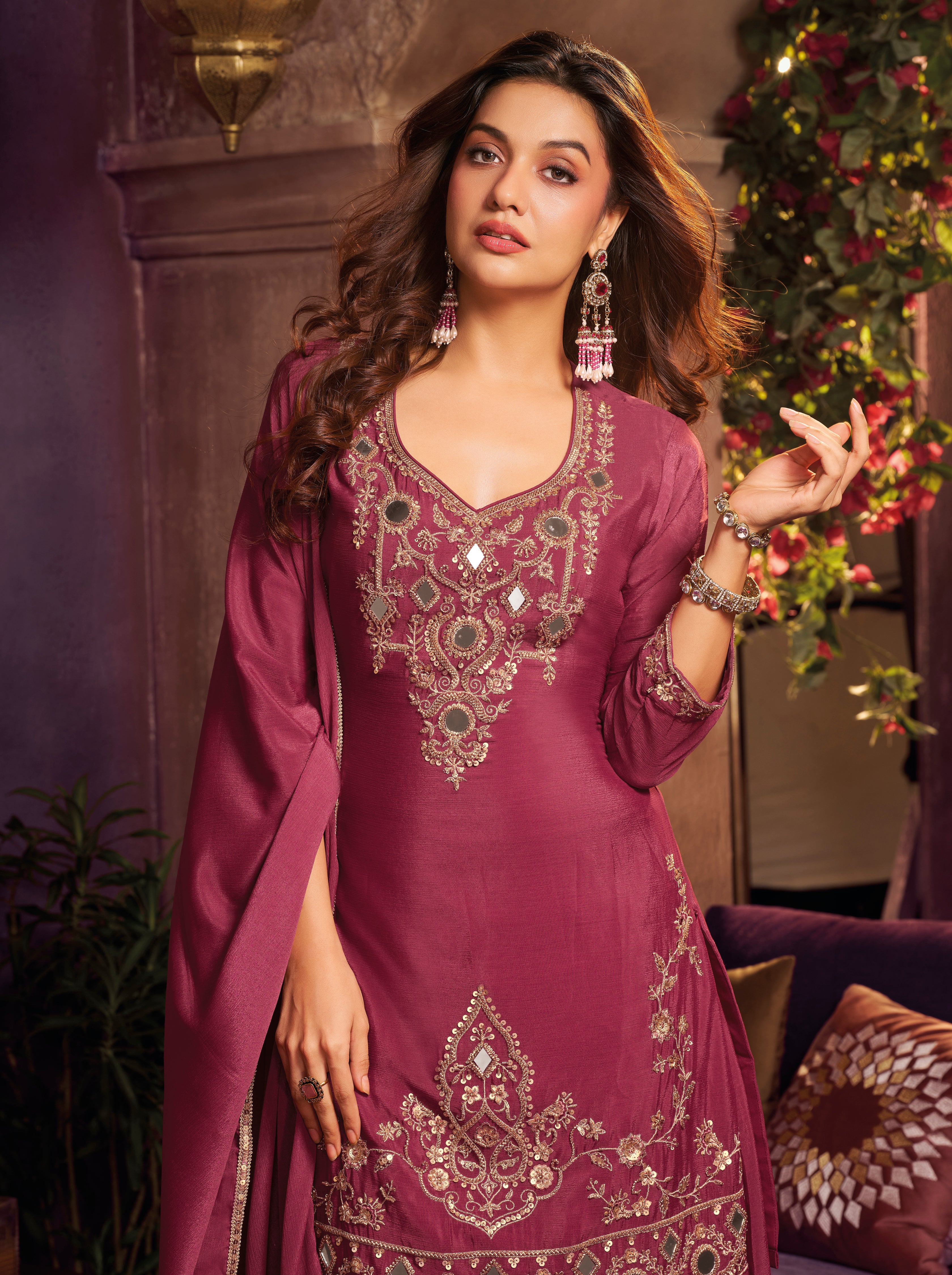 Cherry Wine Embellished Chinon Silk Palazzo Set