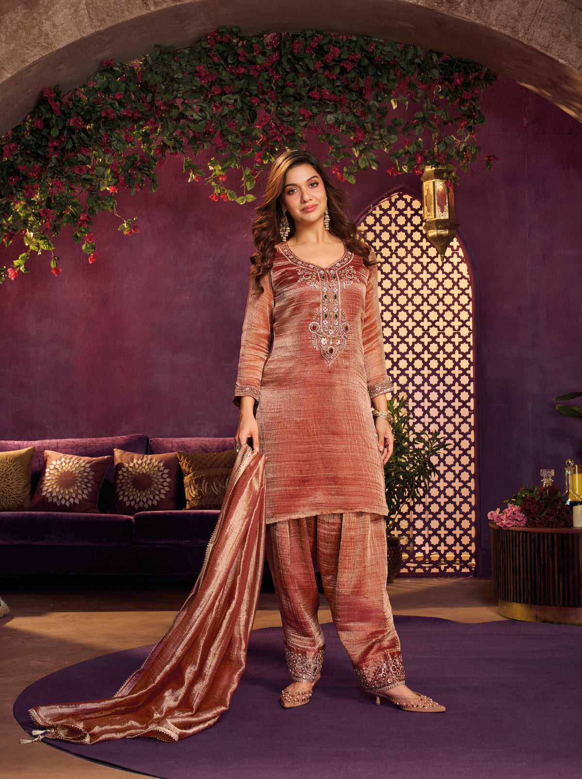 Light Rust Embellished Shimmer Tissue Farsi Salwar Set