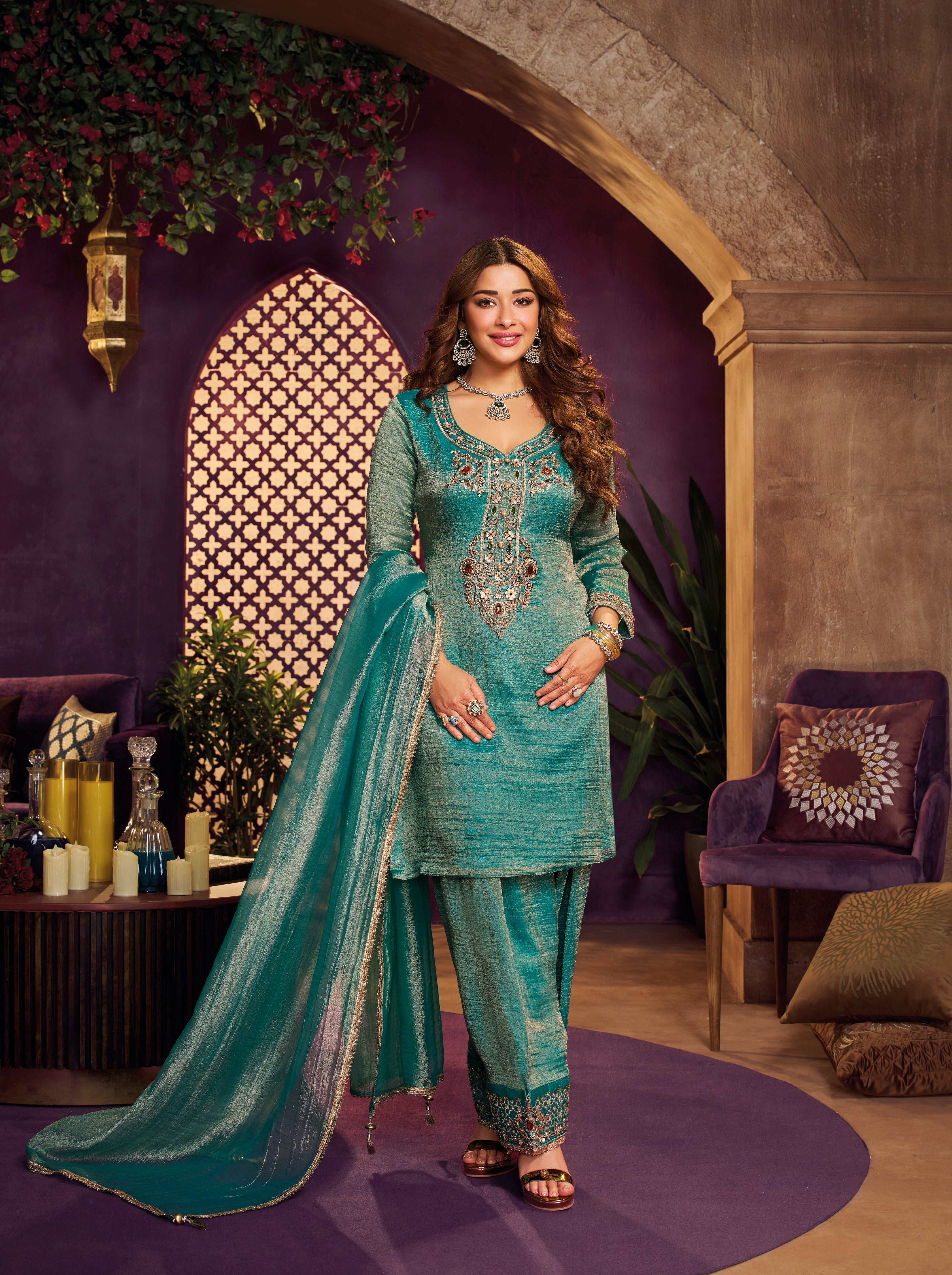 Light Teal Embellished Shimmer Tissue Farsi Salwar Set