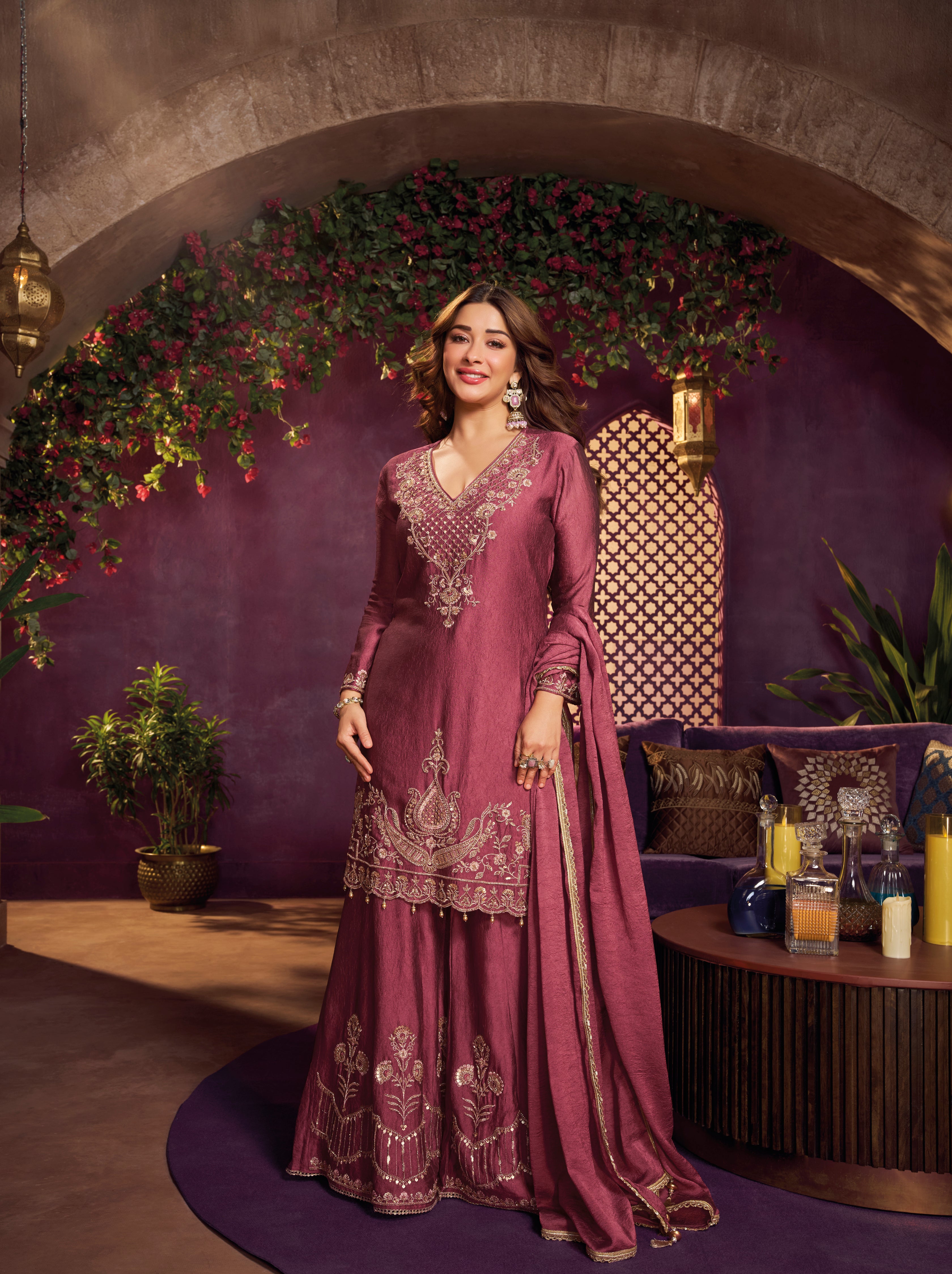 Camelia Pink Embellished Crushed Silk Sharara Set