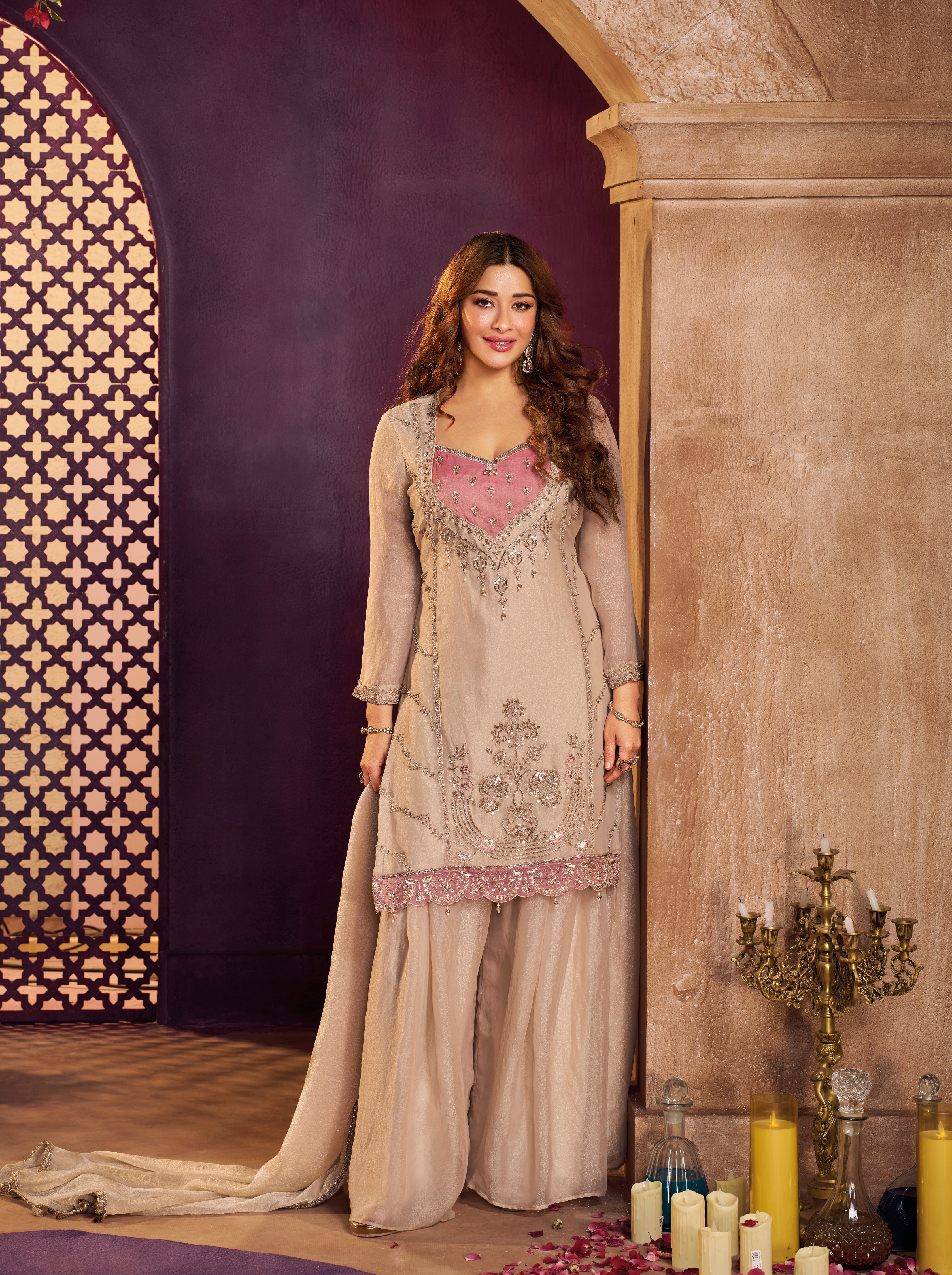 Blush Beige Embellished Tissue Silk Palazzo Set