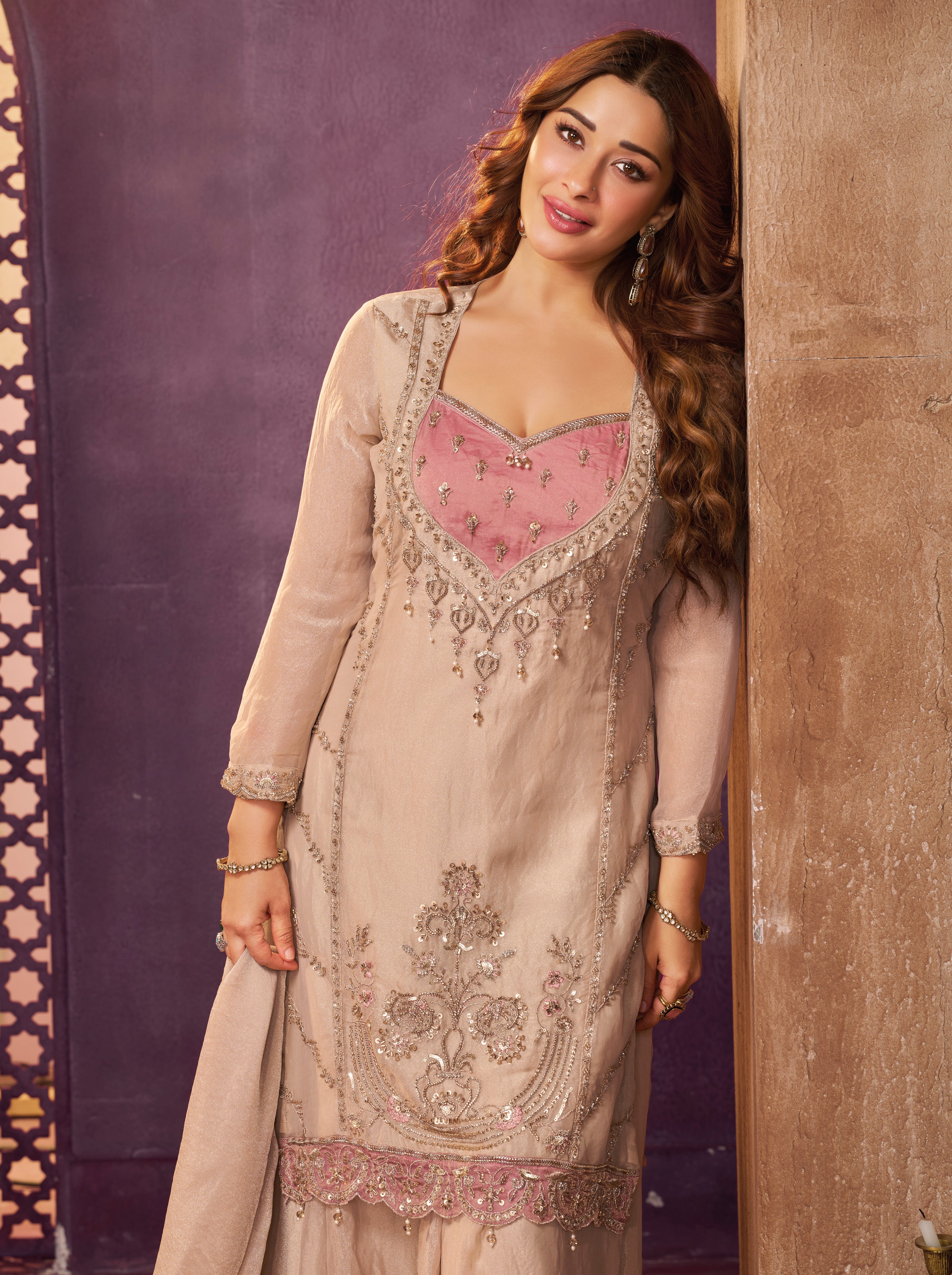 Blush Beige Embellished Tissue Silk Palazzo Set