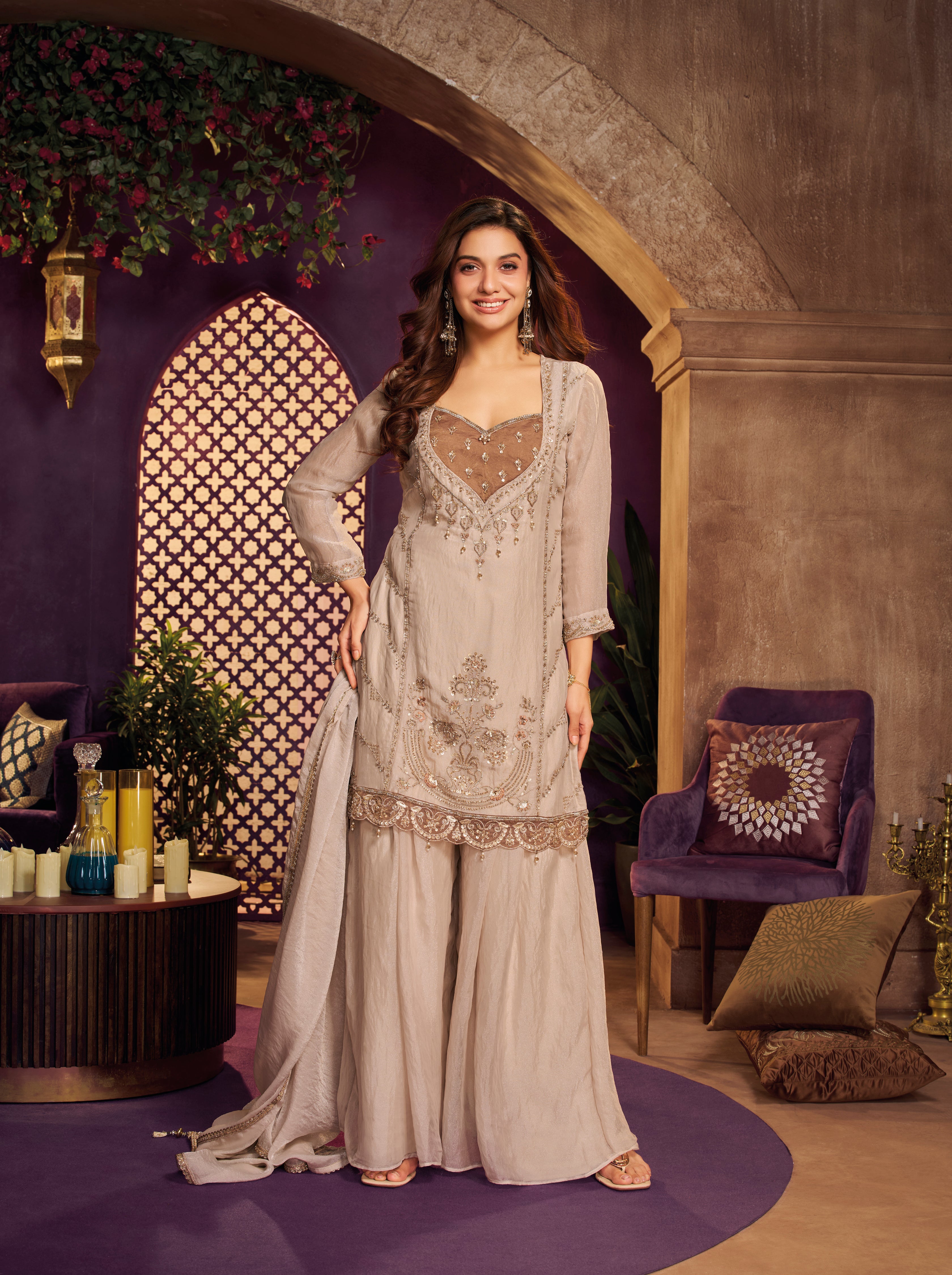 Champage Beige Embellished Tissue Silk Palazzo Set