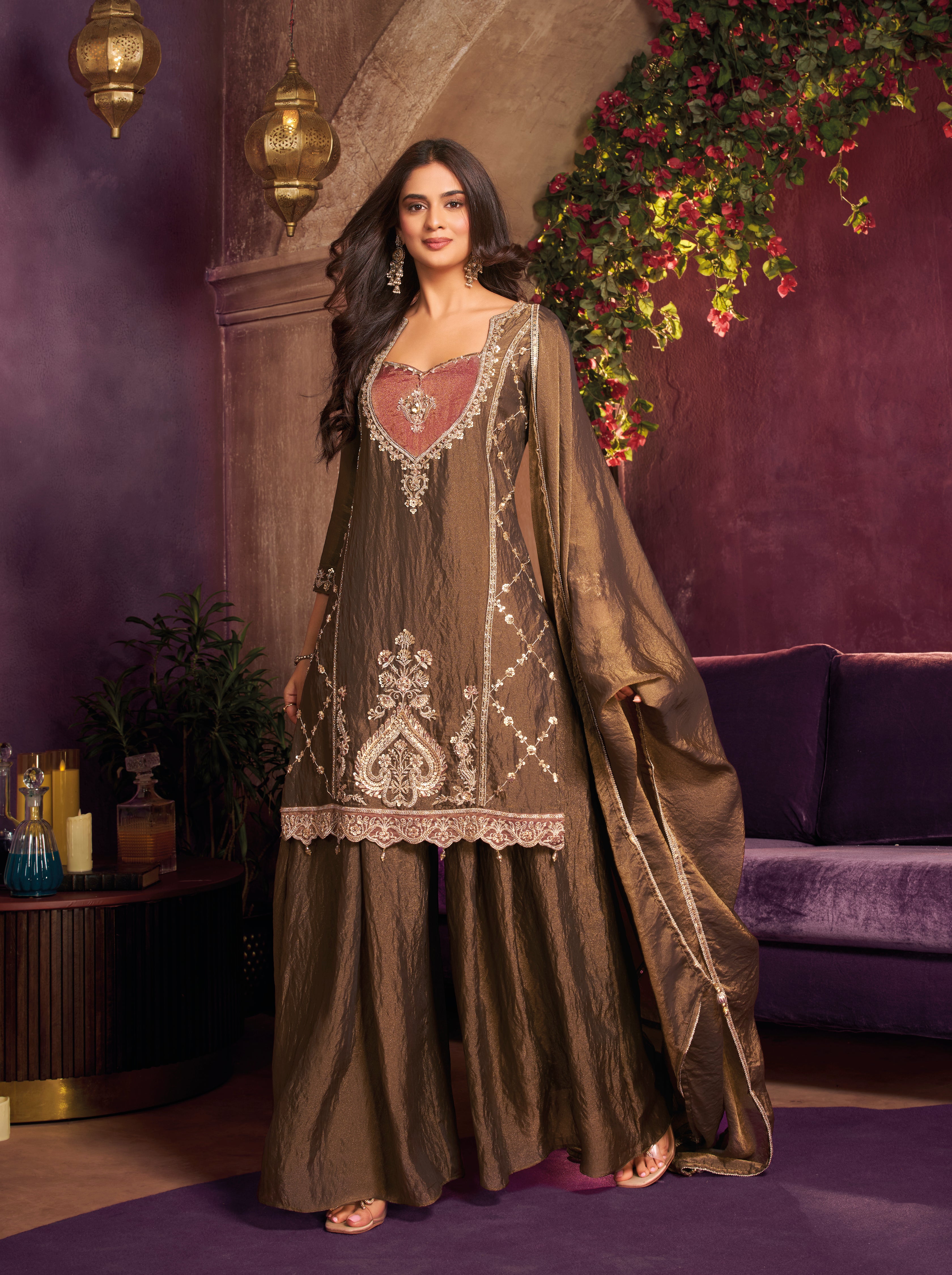 Metallic Coffee Embellished Organza Silk Palazzo Set