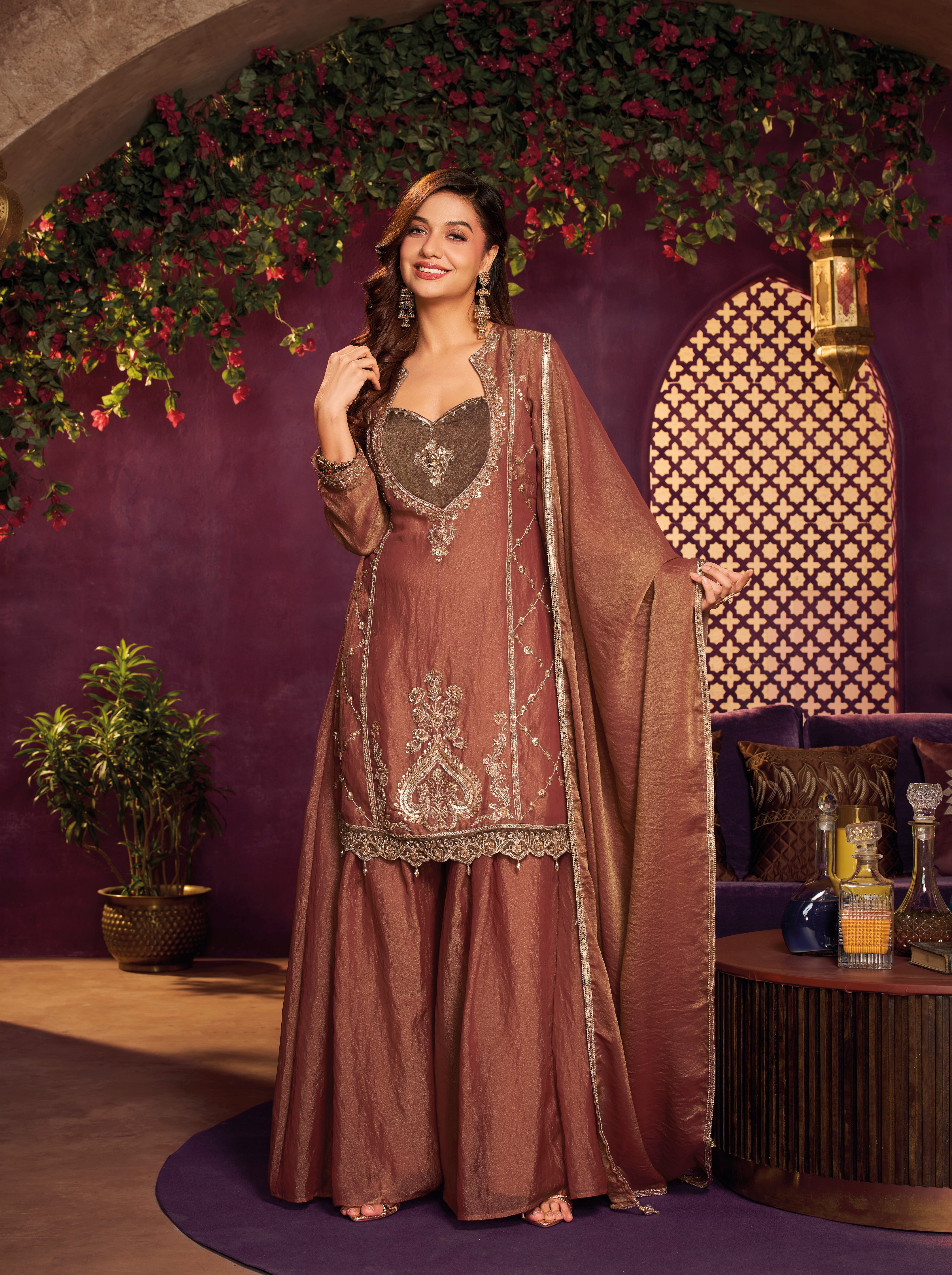 Metallic Rust Embellished Organza Silk Palazzo Set