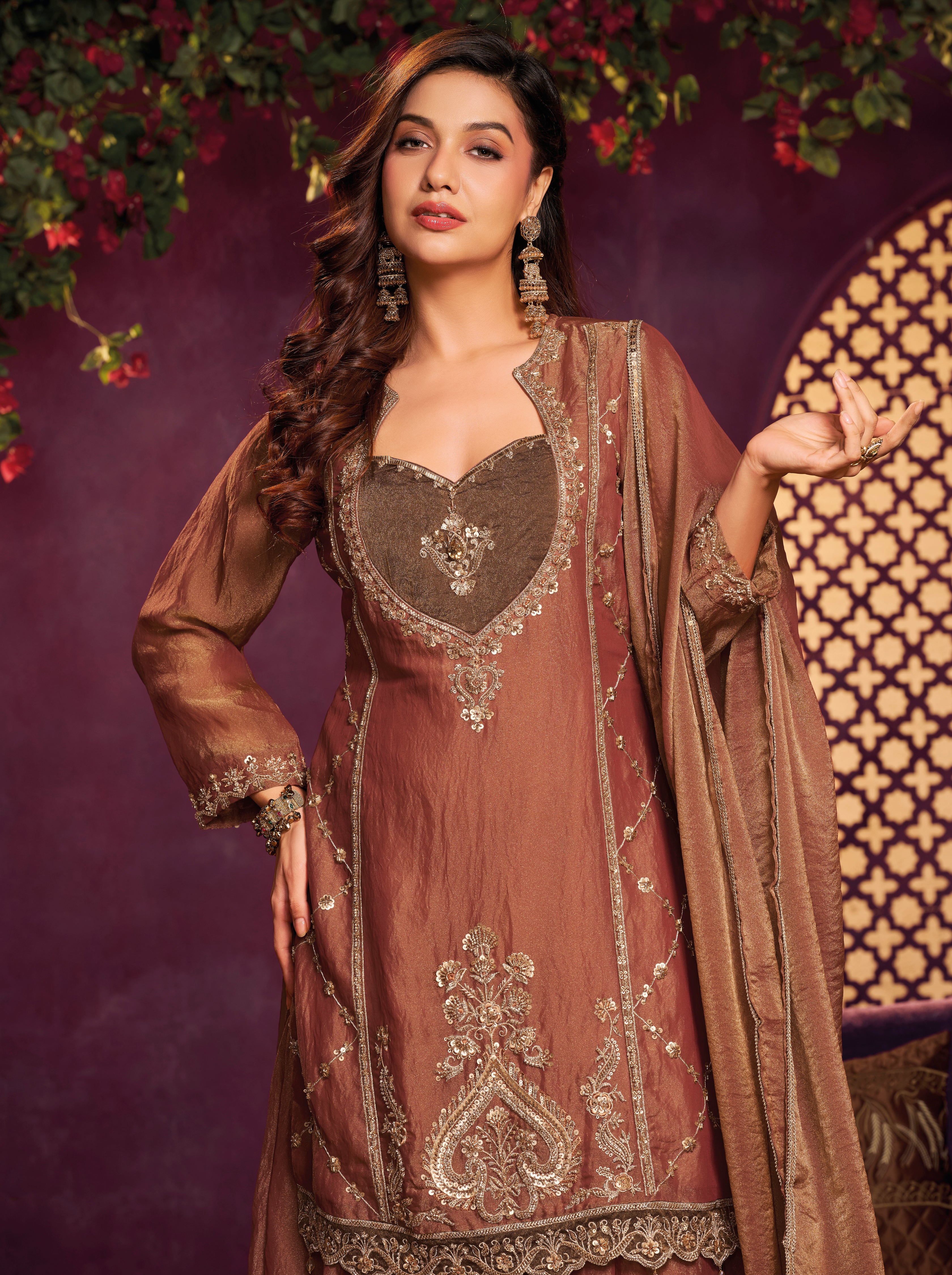 Metallic Rust Embellished Organza Silk Palazzo Set