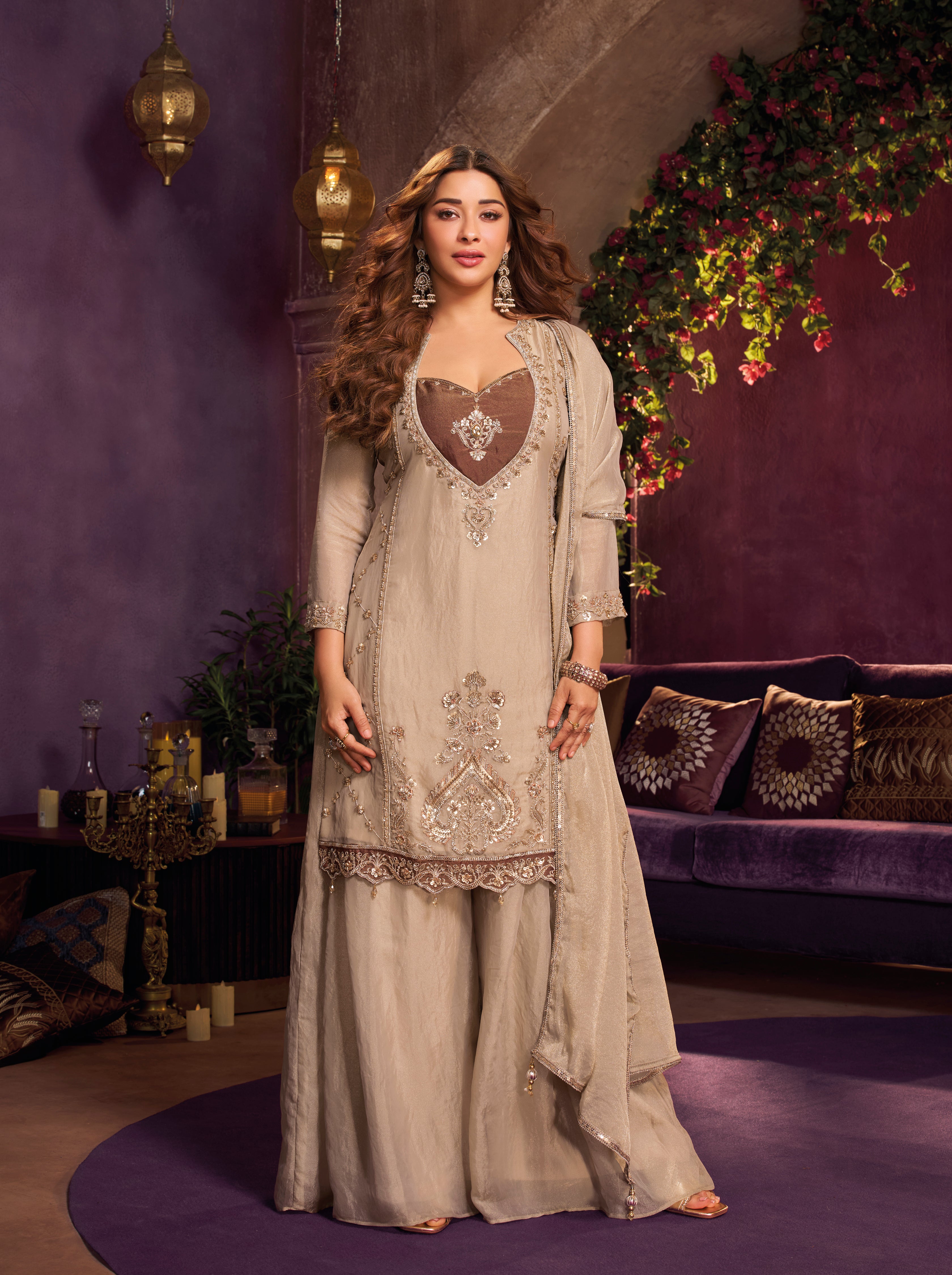 Metallic Taupe Embellished Organza Silk Palazzo Set