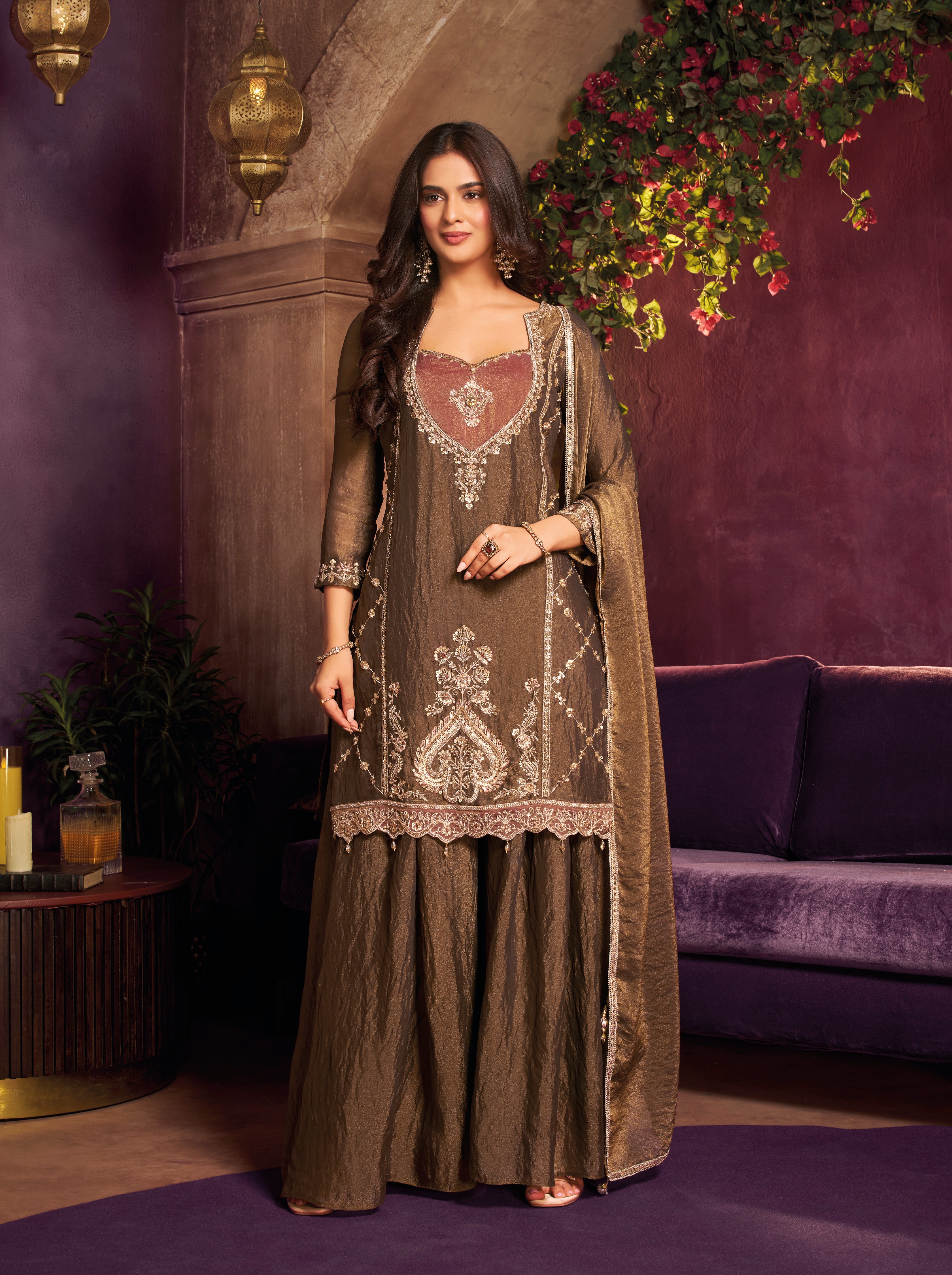 Metallic Coffee Embellished Organza Silk Palazzo Set