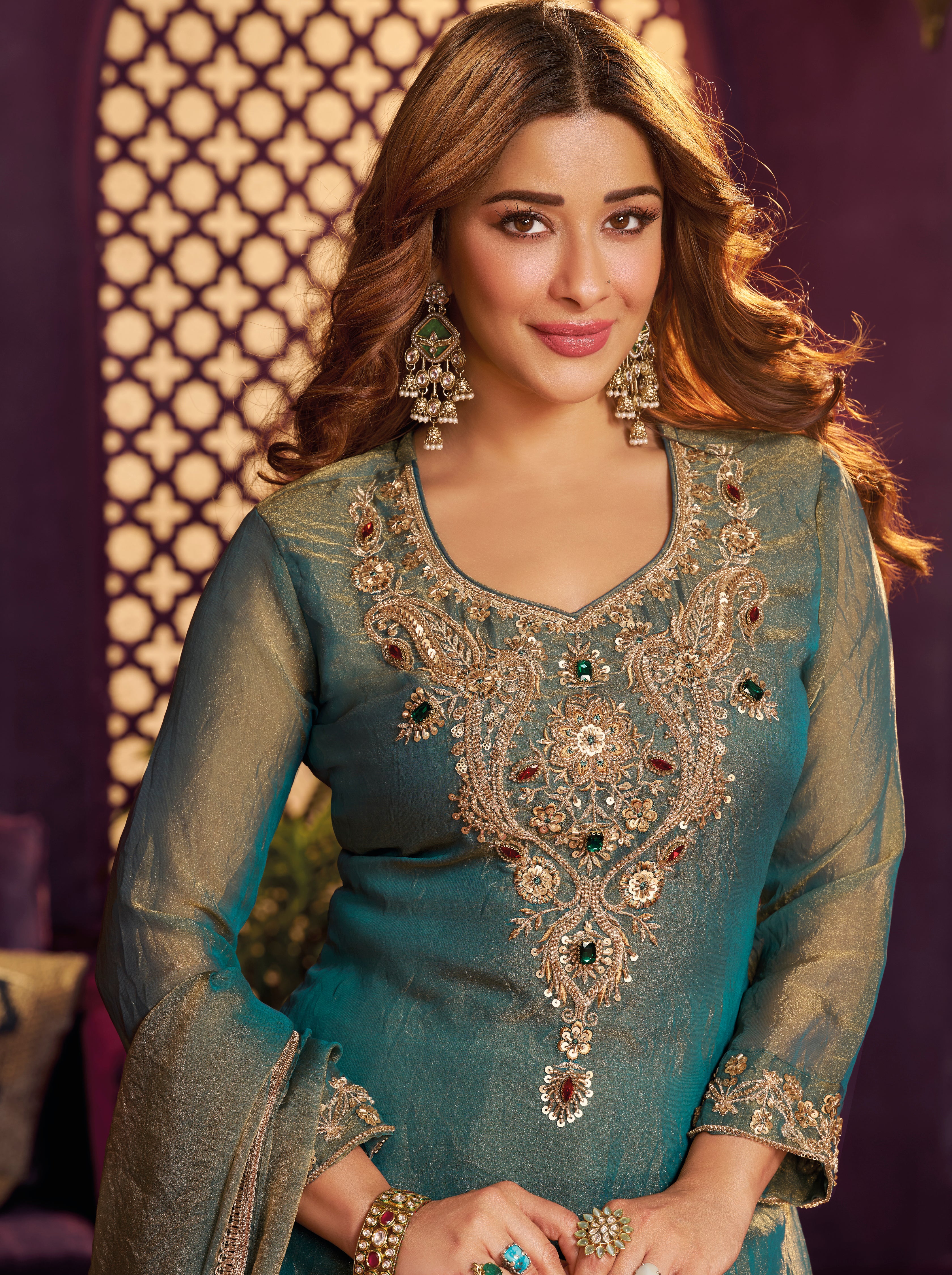 Teal Blue Embellished Shimmer Tissue Silk Farsi Salwar Set