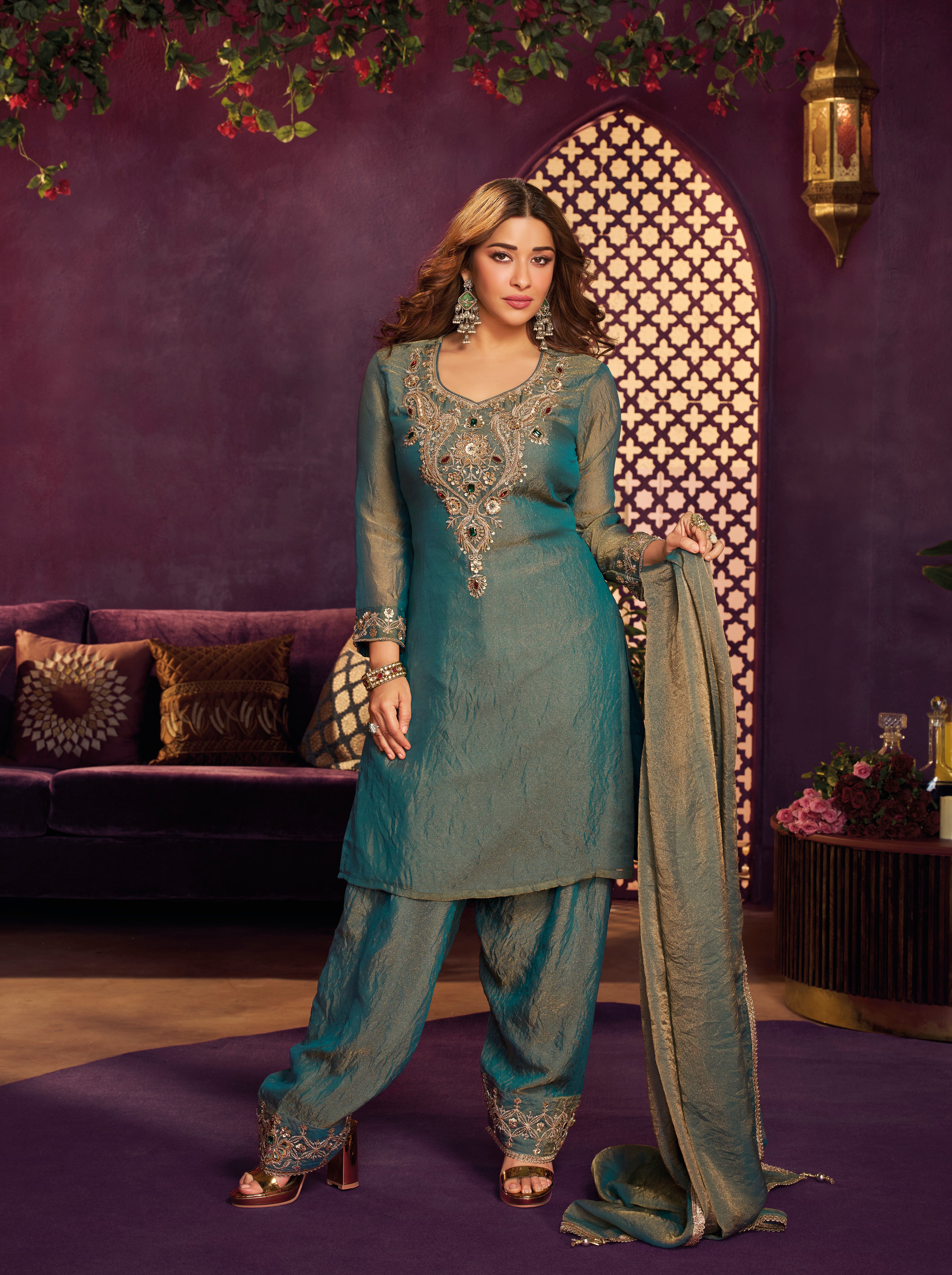 Teal Blue Embellished Shimmer Tissue Silk Farsi Salwar Set