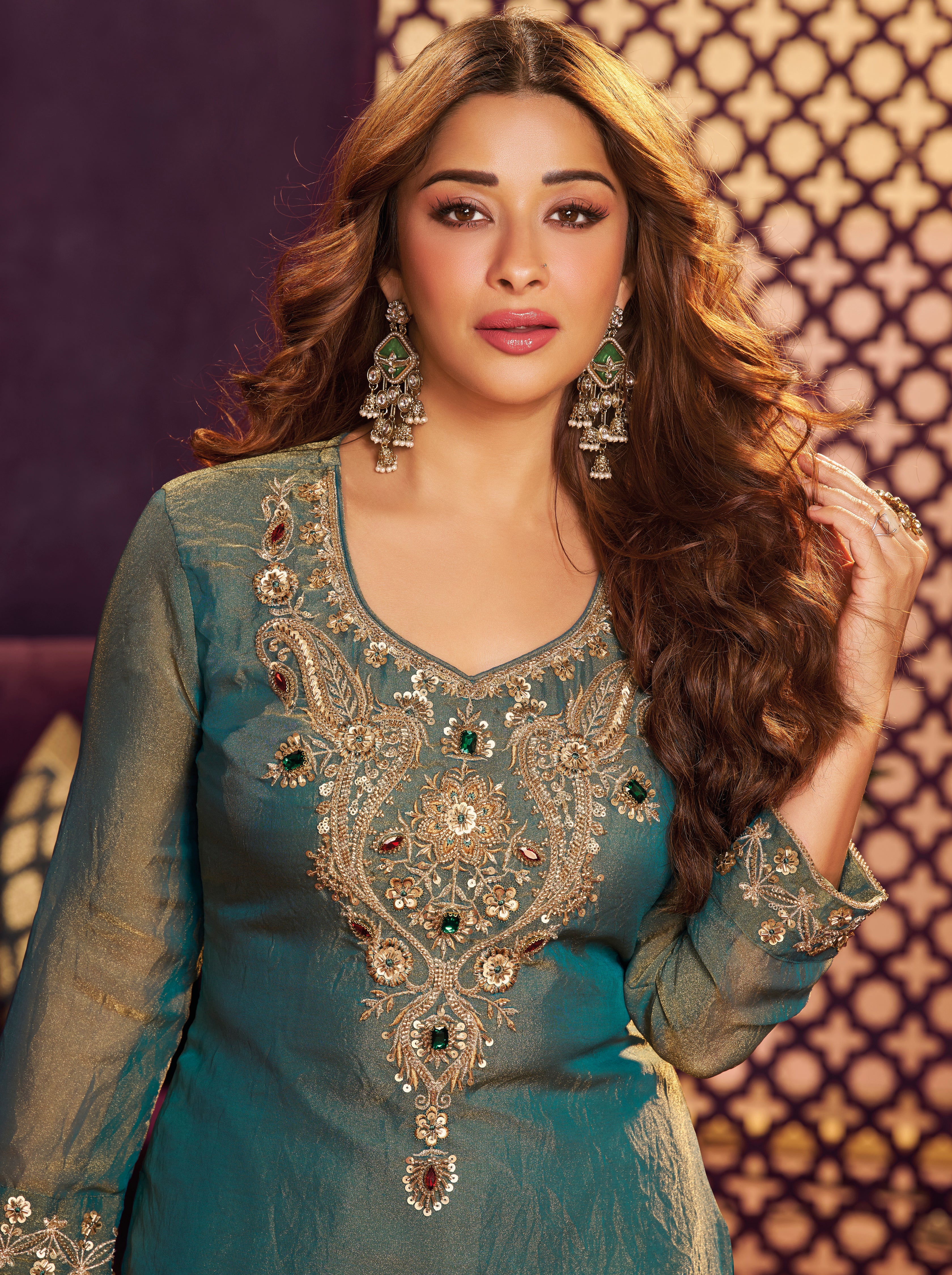 Teal Blue Embellished Shimmer Tissue Silk Farsi Salwar Set