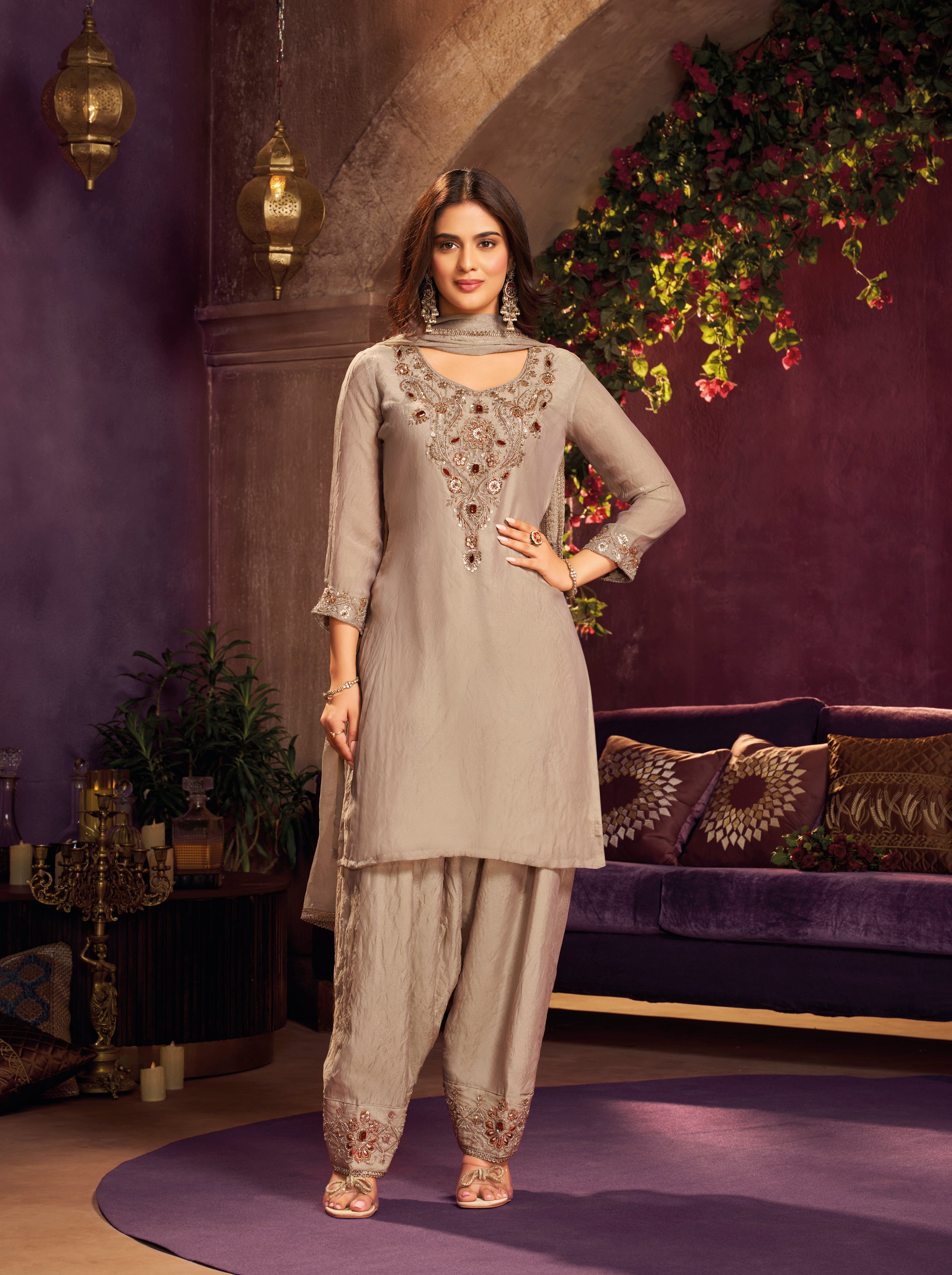 Taupe Beige Embellished Shimmer Tissue Silk Farsi Salwar Set