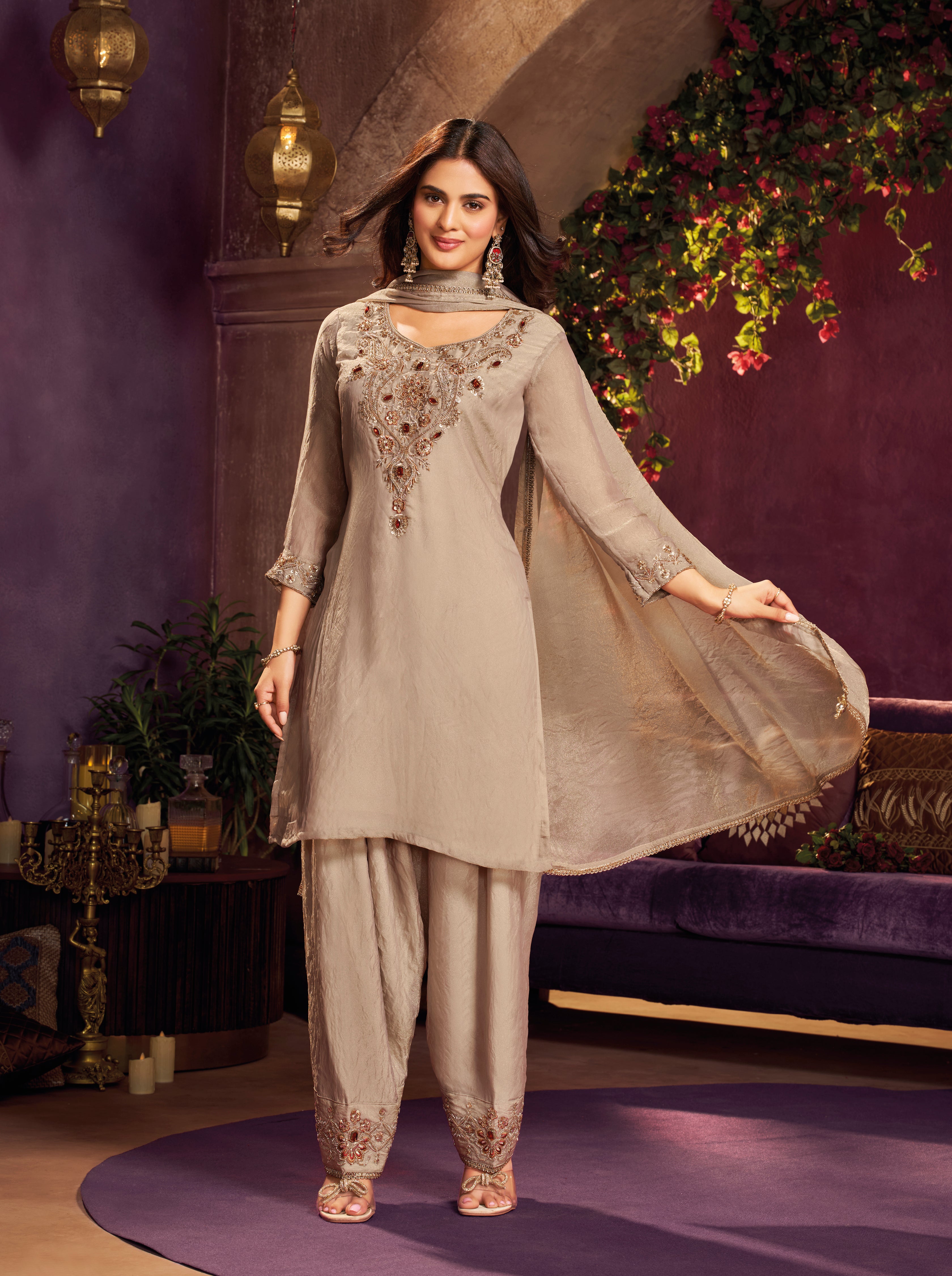 Taupe Beige Embellished Shimmer Tissue Silk Farsi Salwar Set