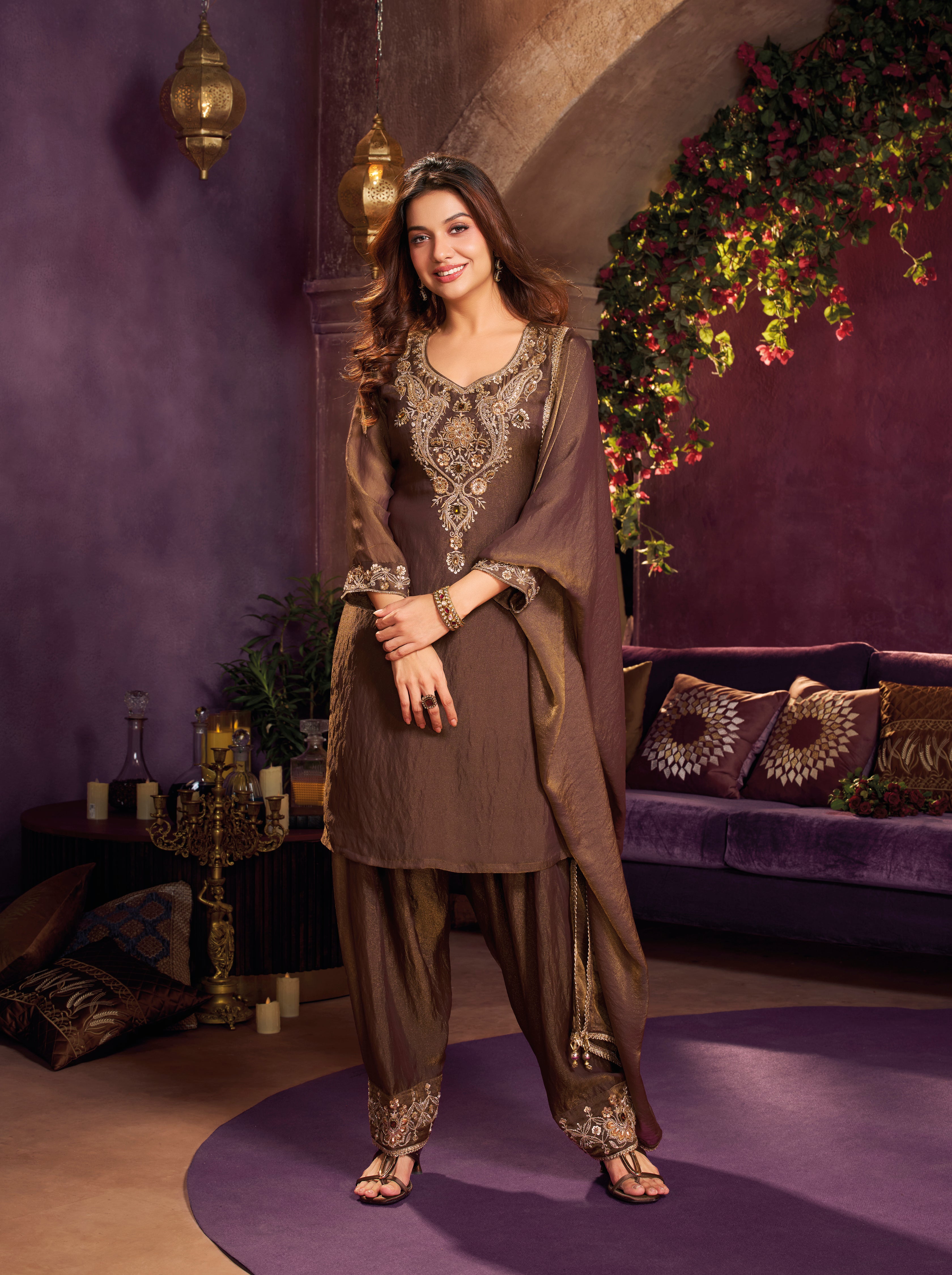 Mocha Brown Embellished Shimmer Tissue Silk Farsi Salwar Set