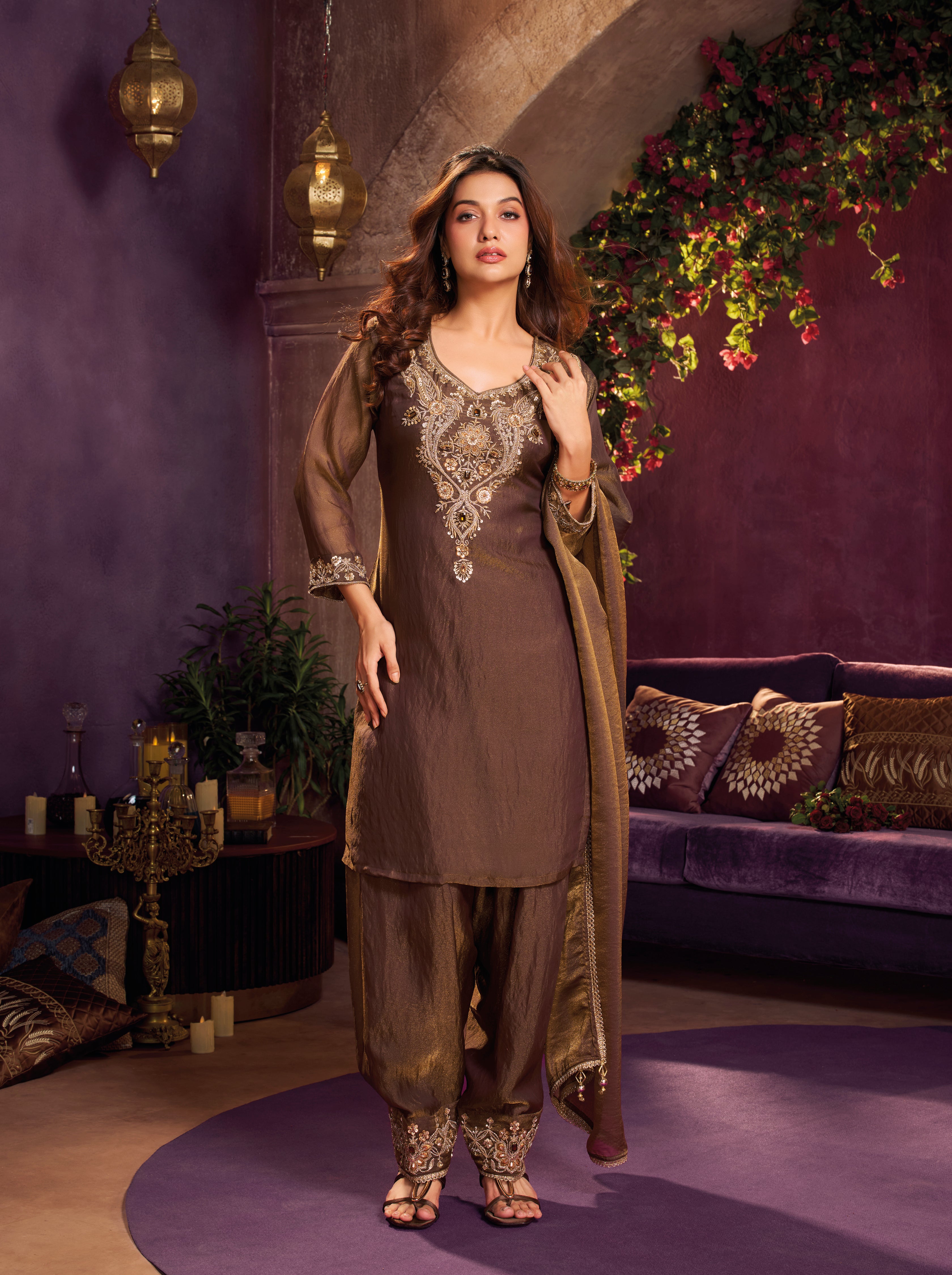 Mocha Brown Embellished Shimmer Tissue Silk Farsi Salwar Set