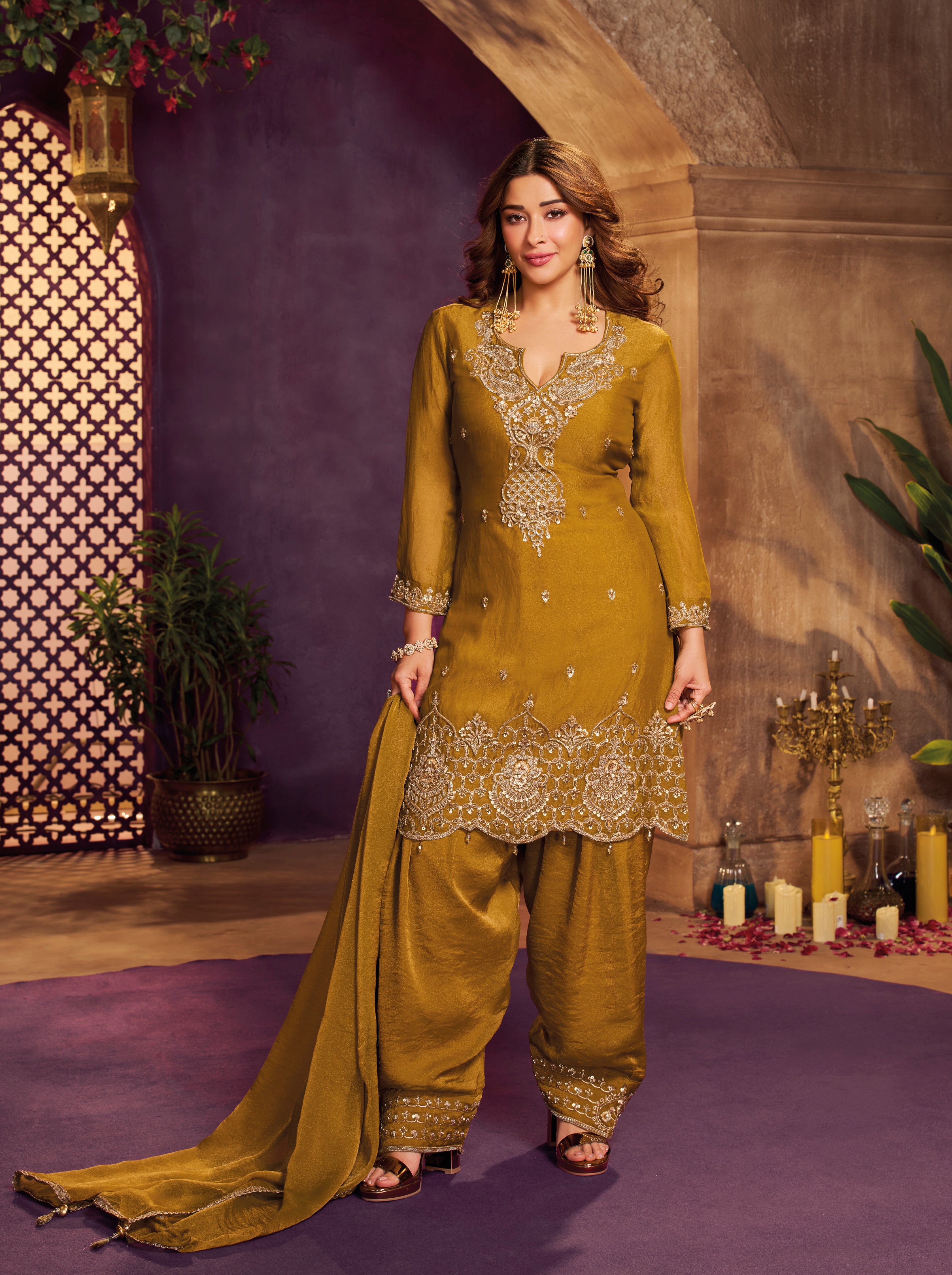 Olive Gold Embellished Organza Silk Farsi Salwar Set