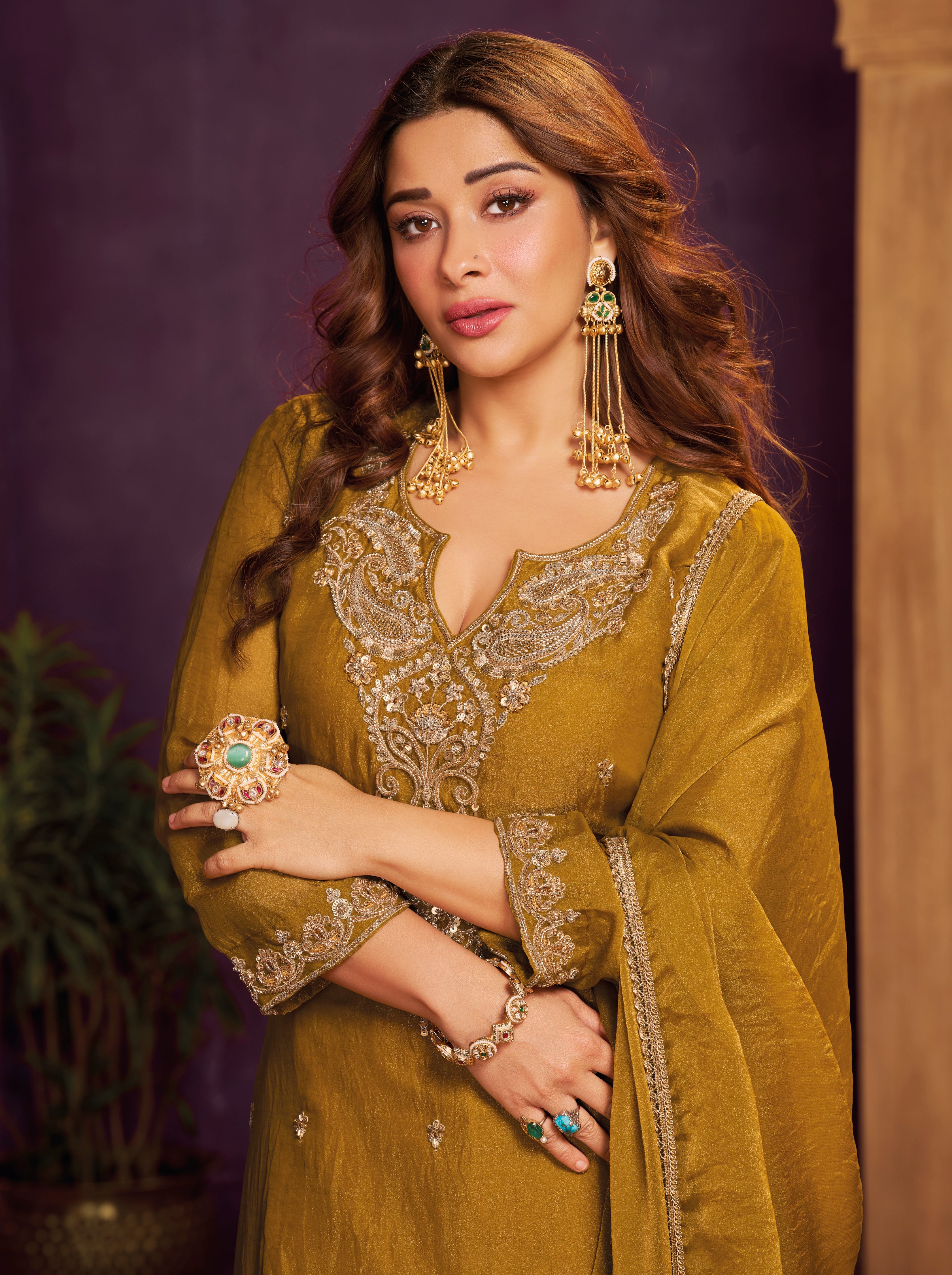 Olive Gold Embellished Organza Silk Farsi Salwar Set