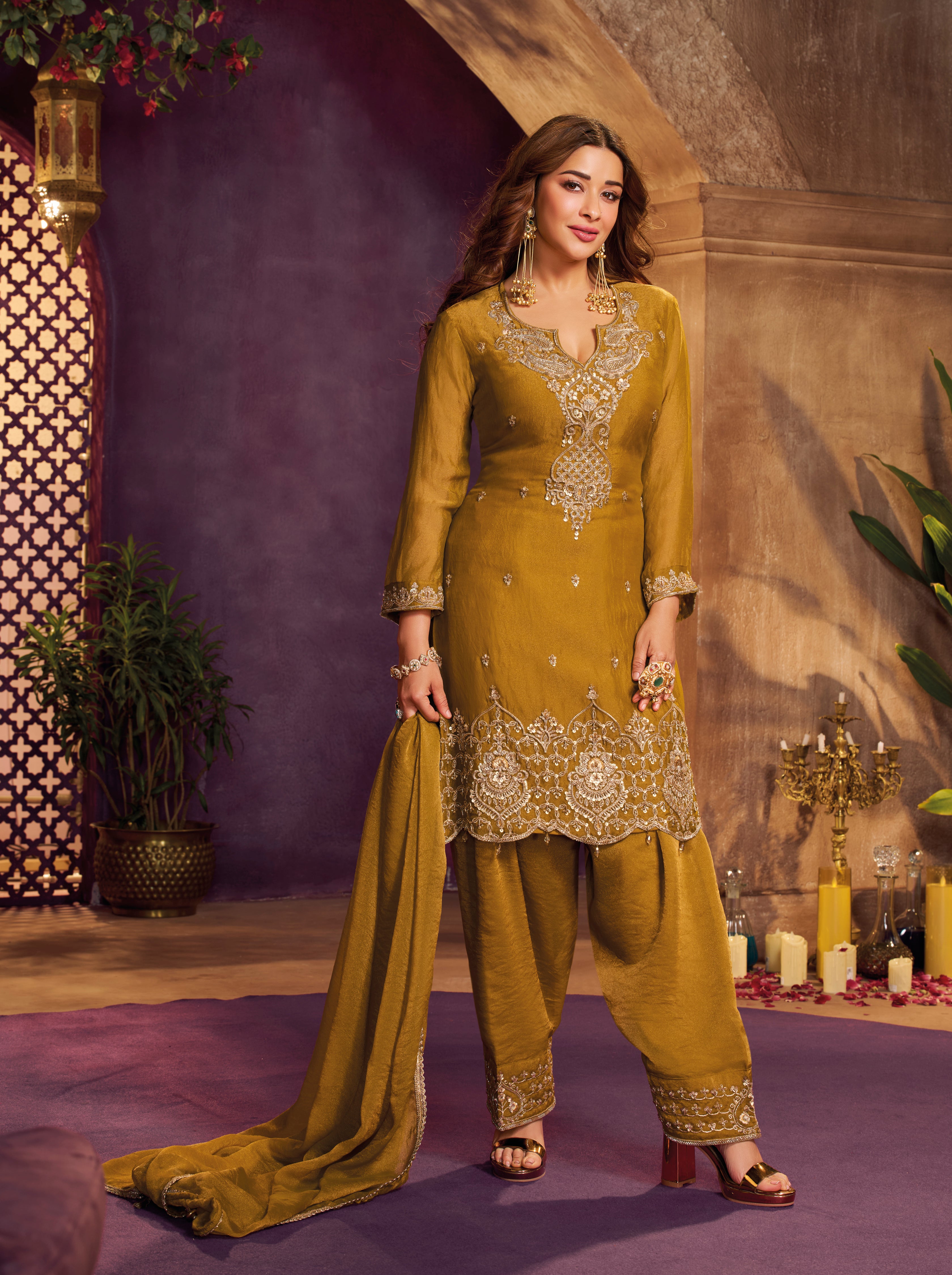 Olive Gold Embellished Organza Silk Farsi Salwar Set