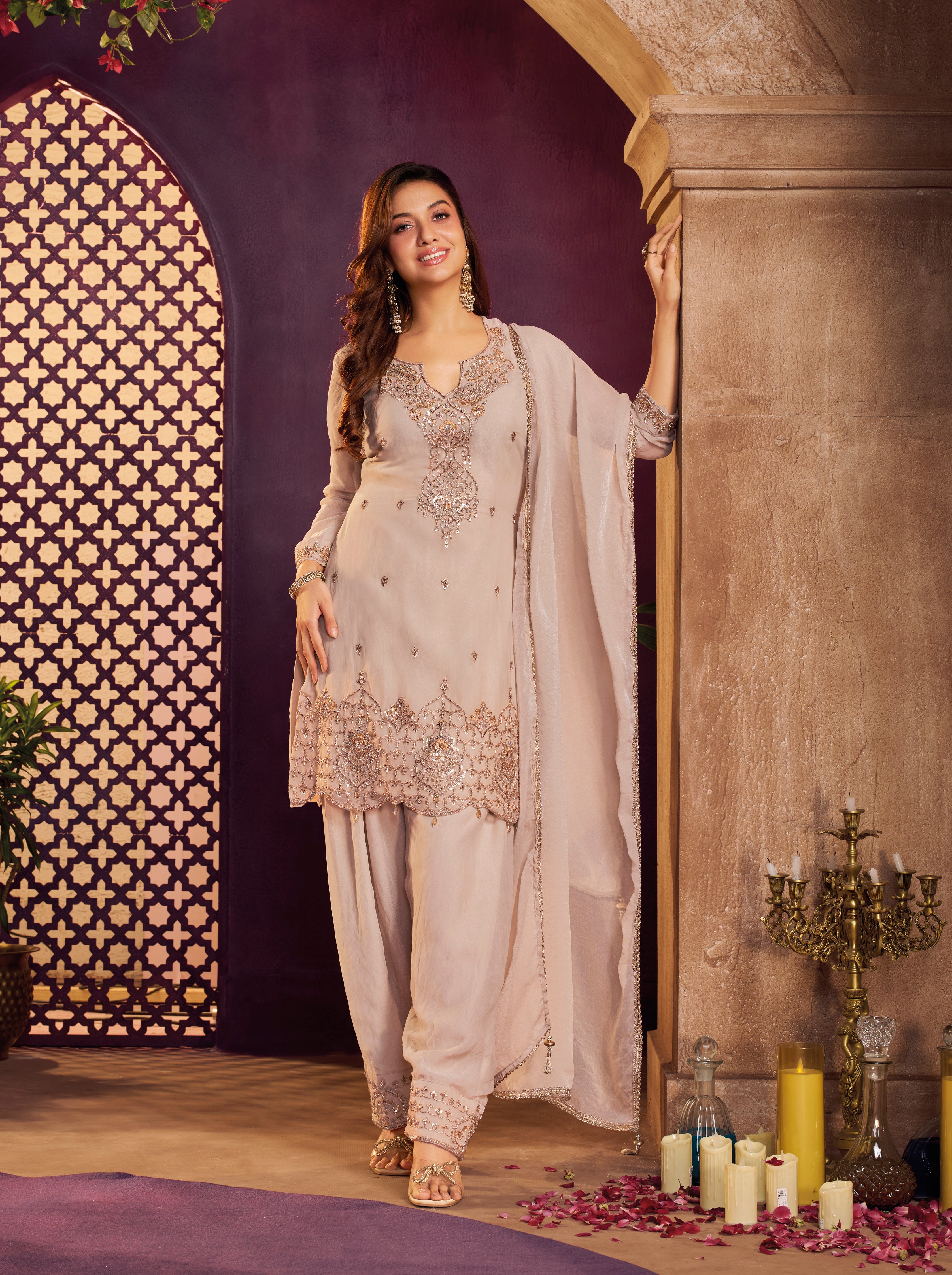 Taupe Beige Embellished Organza Silk Farsi Salwar Set