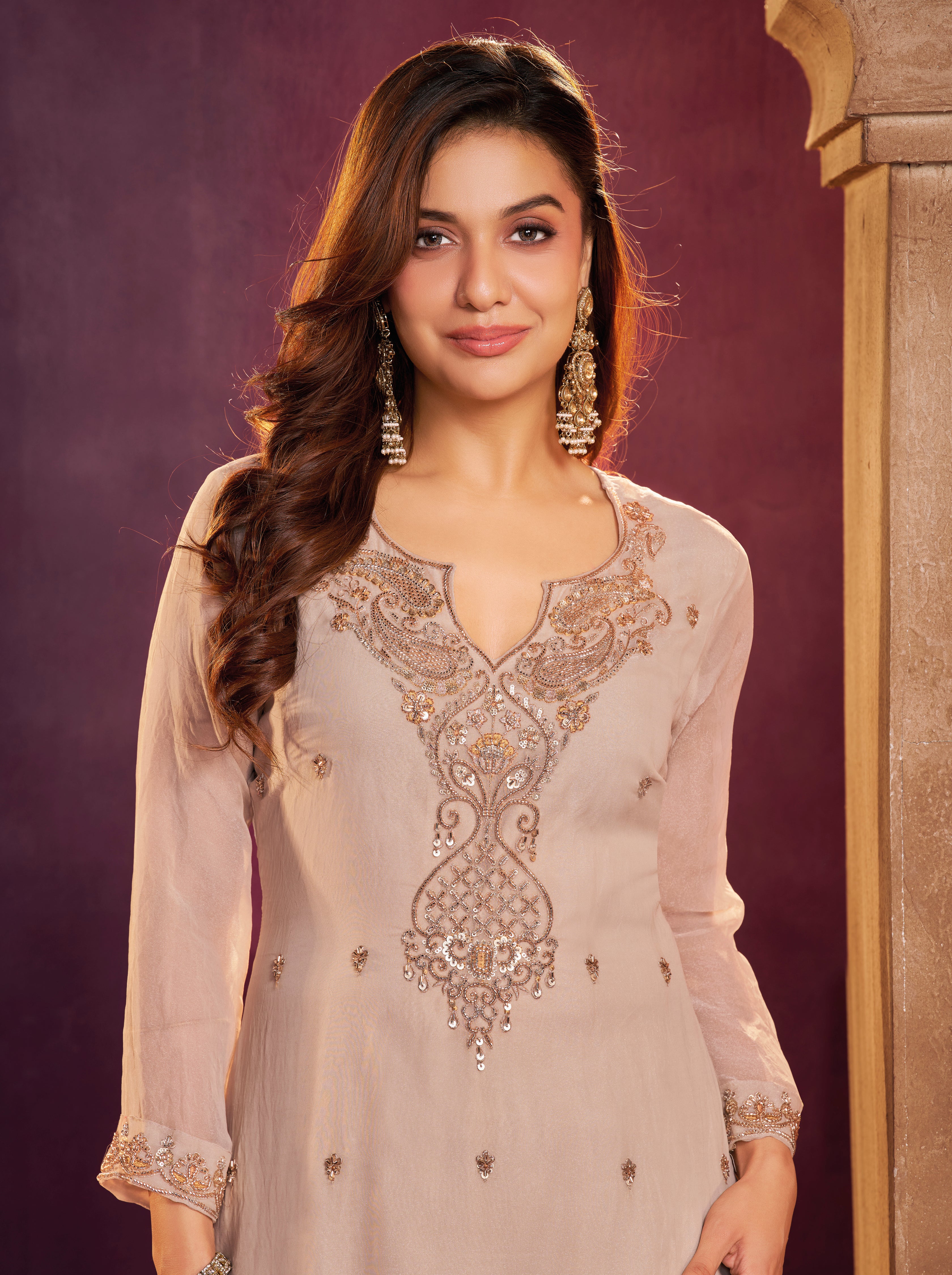 Taupe Beige Embellished Organza Silk Farsi Salwar Set