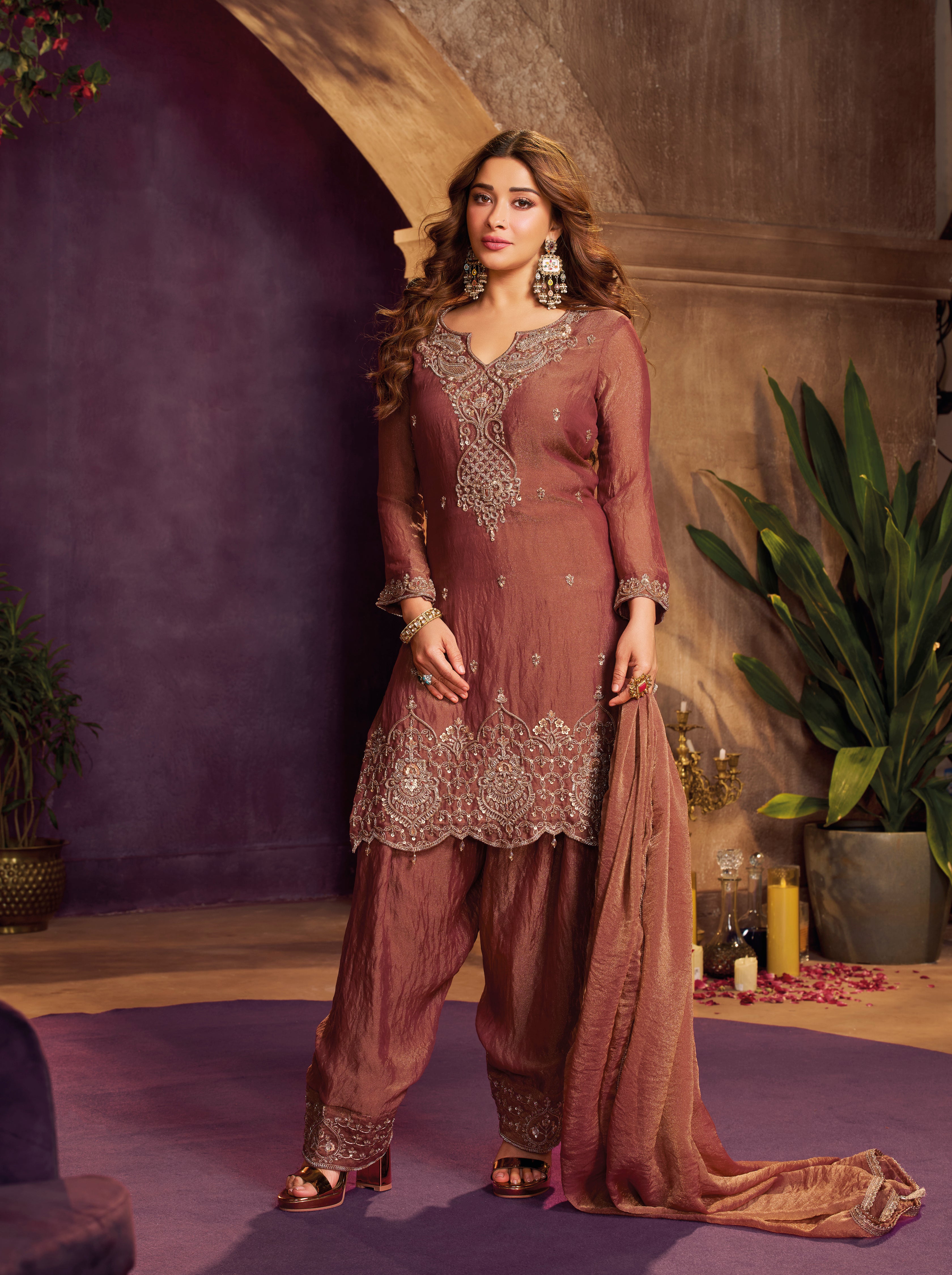 Dusty Rosewood Embellished Organza Silk Farsi Salwar Set
