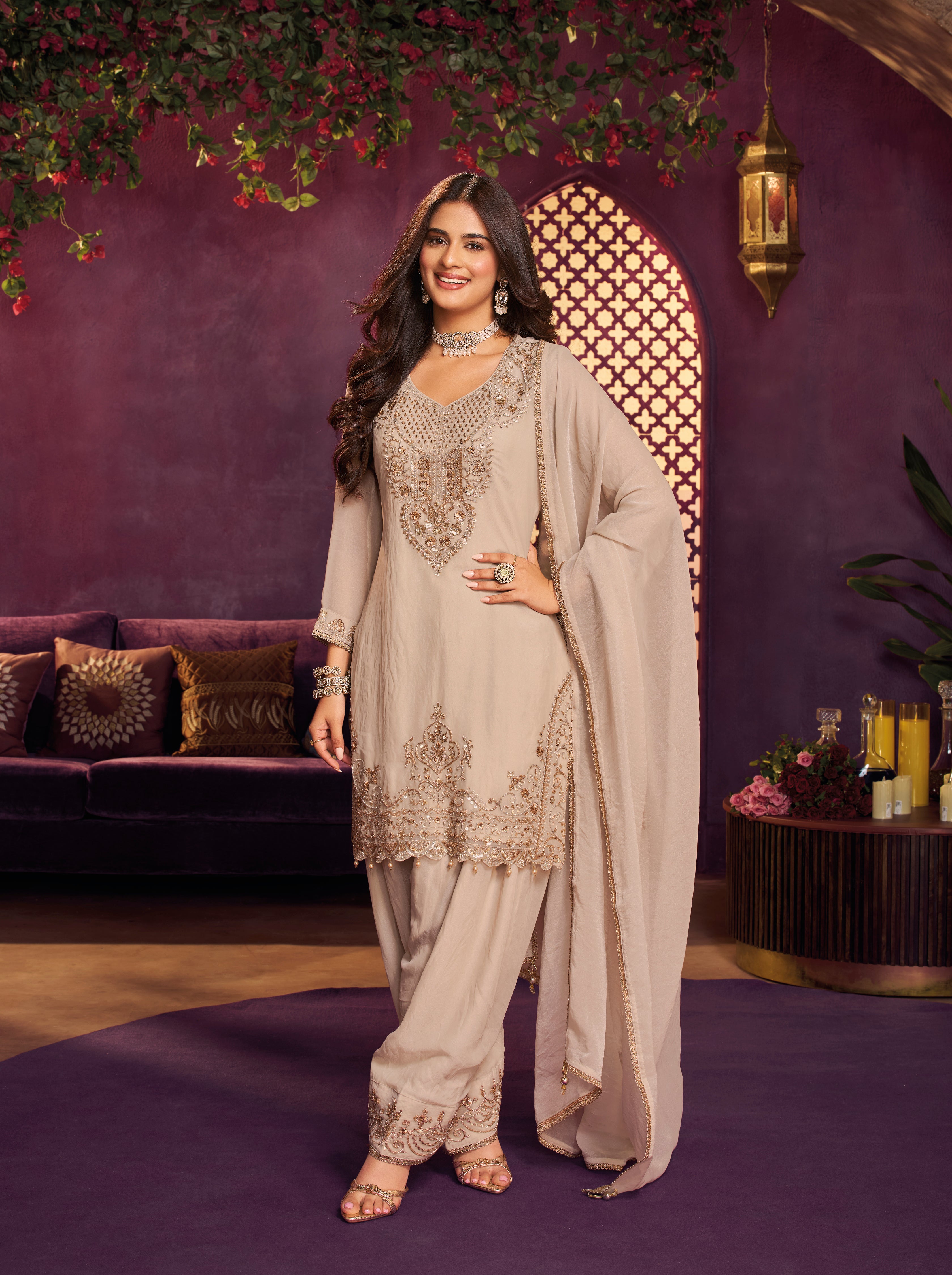 Pearl Ivory Embellished Organza Silk Farsi Salwar Set