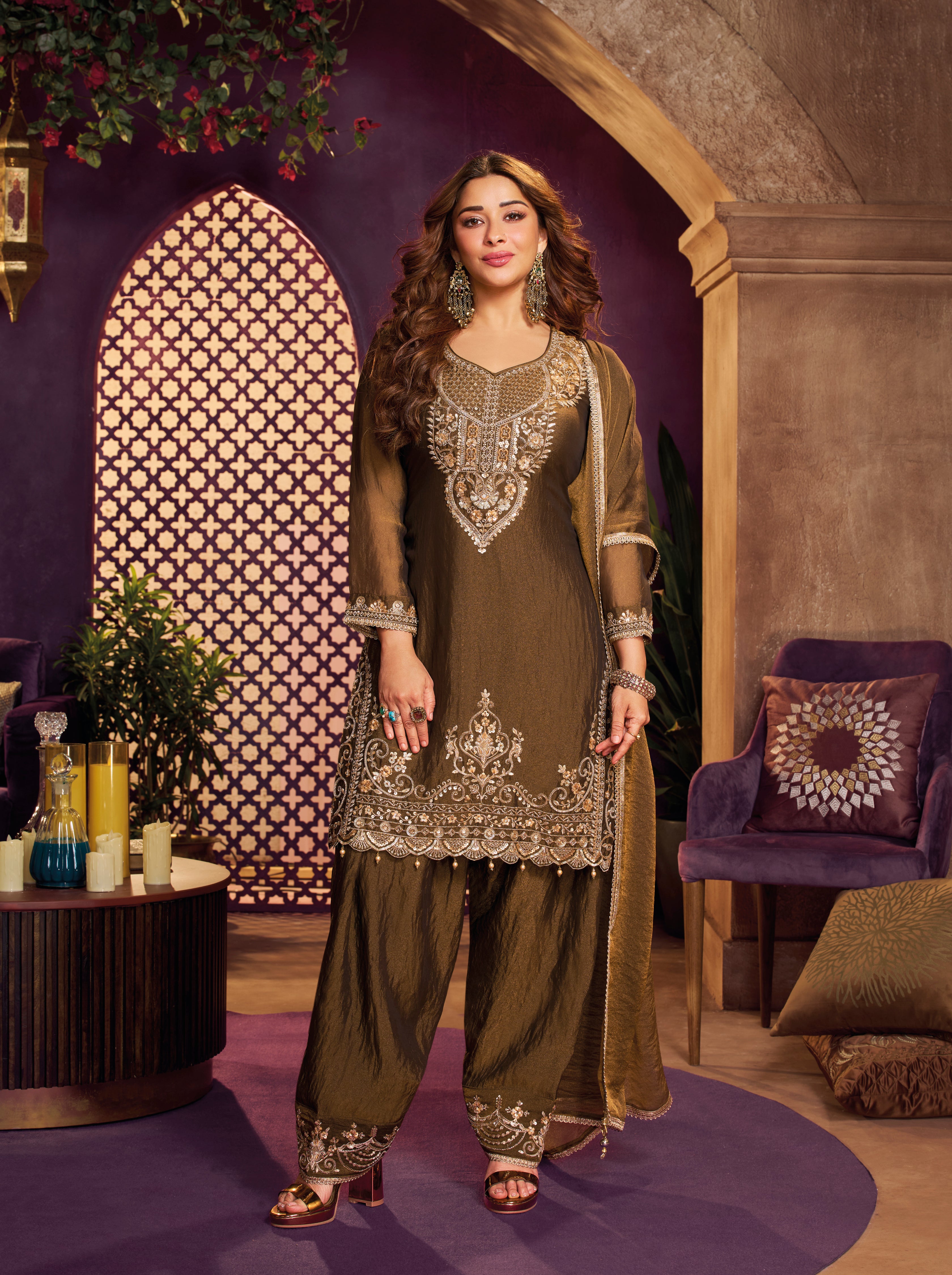 Golden Embellished Organza Silk Farsi Salwar Set
